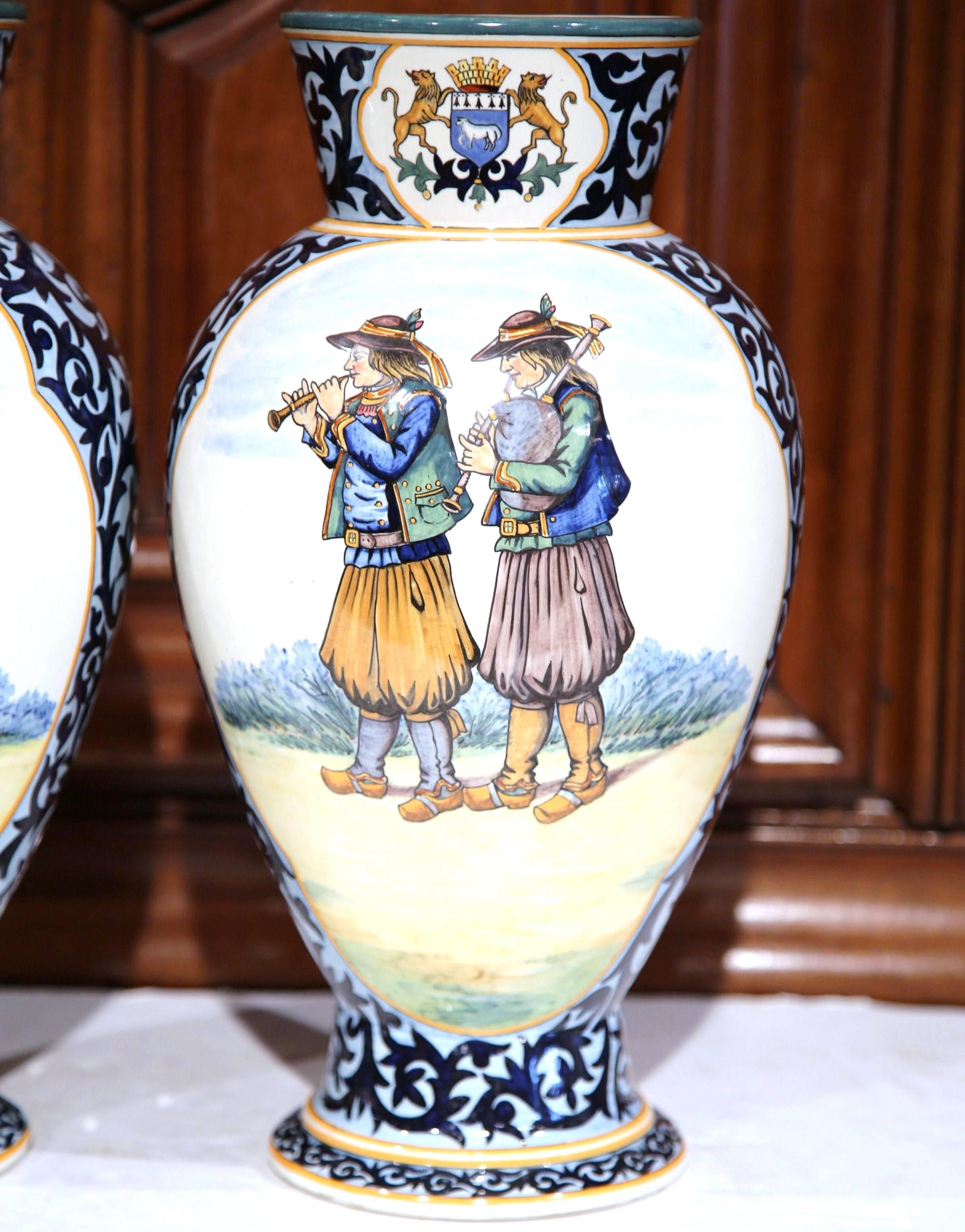 Hand-Crafted Pair of 19th Century French Painted Faience Vases Signed Henriot Quimper