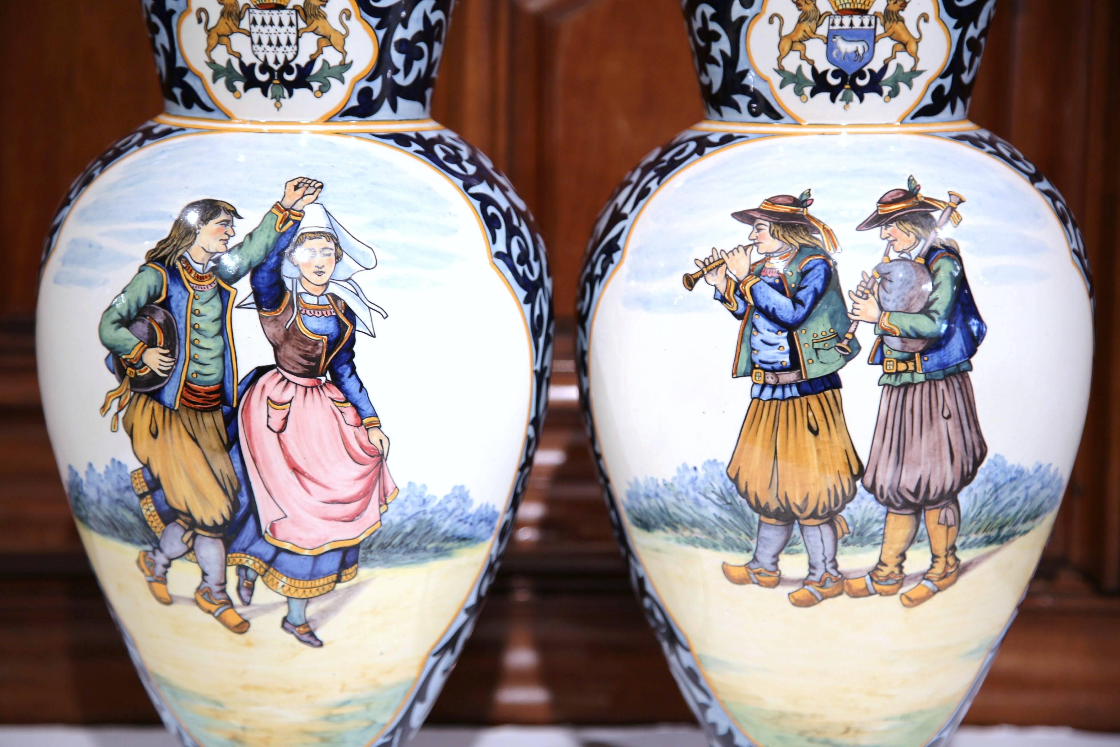 Pair of 19th Century French Painted Faience Vases Signed Henriot Quimper In Excellent Condition In Dallas, TX