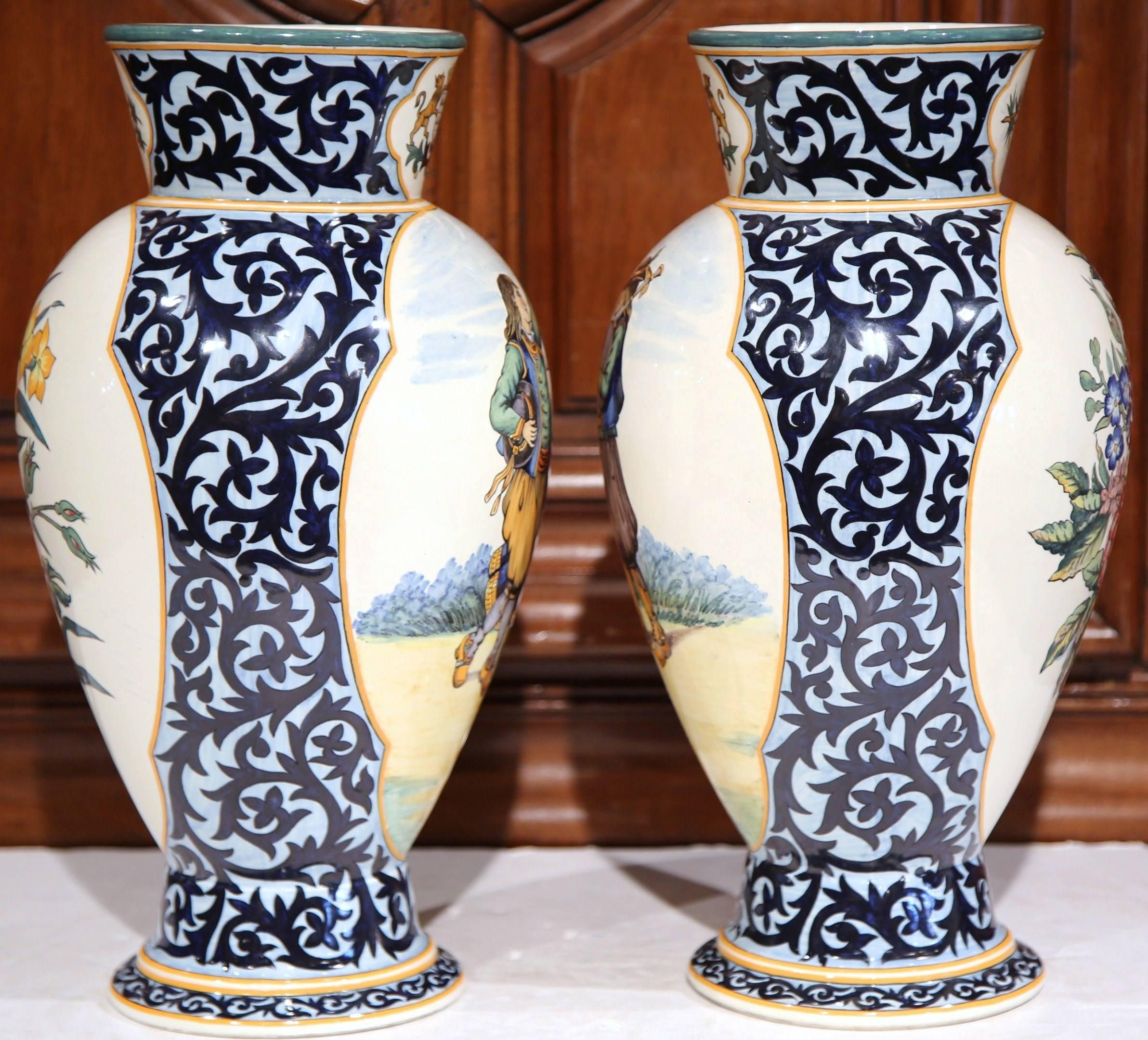 Pair of 19th Century French Painted Faience Vases Signed Henriot Quimper 1