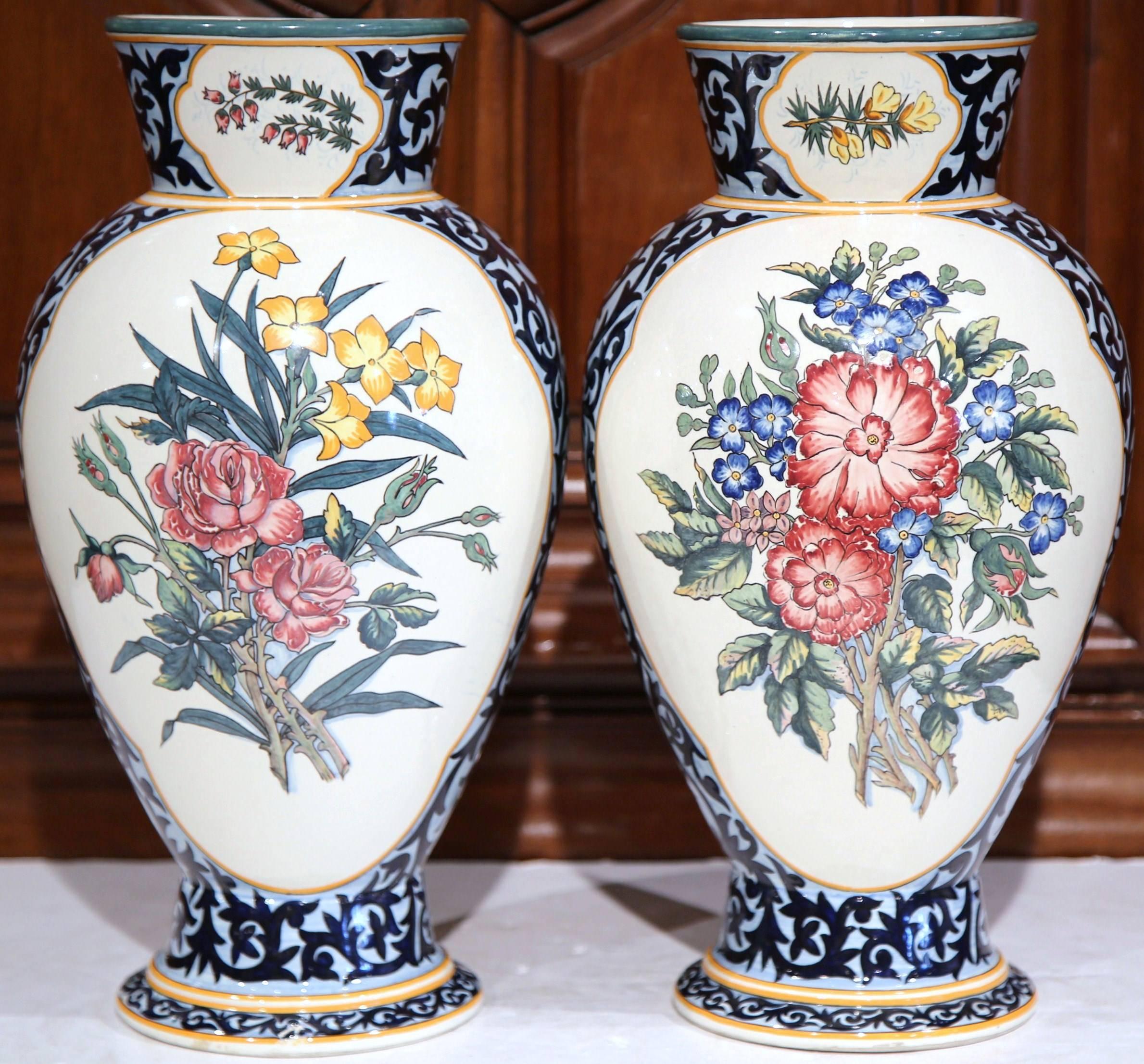 Pair of 19th Century French Painted Faience Vases Signed Henriot Quimper 2
