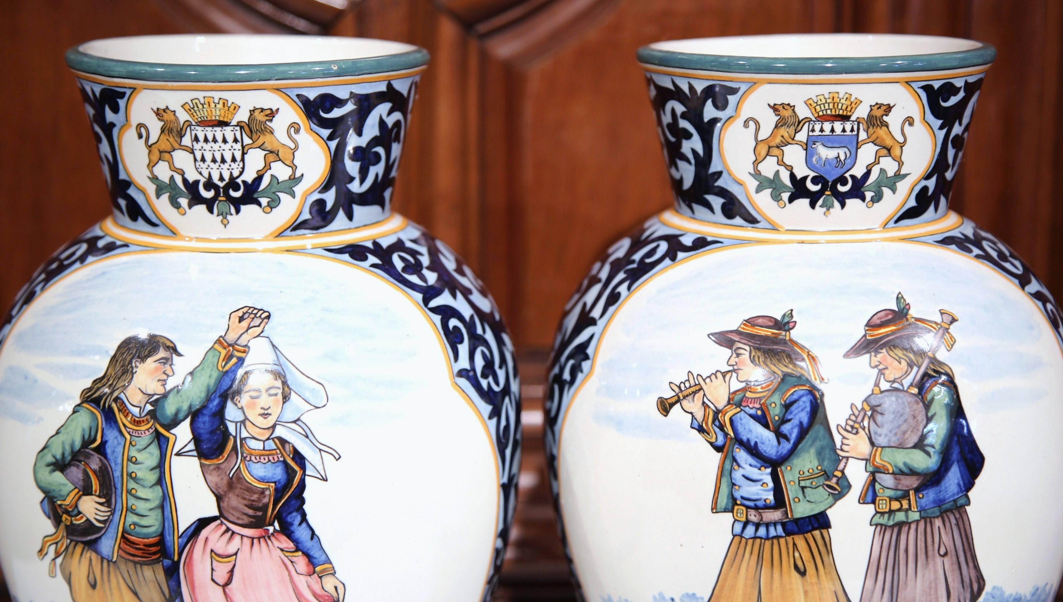 Pair of 19th Century French Painted Faience Vases Signed Henriot Quimper 5