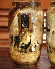 Pair of 19th Century French Hand-Painted Vases with Chicken from Fontainebleau