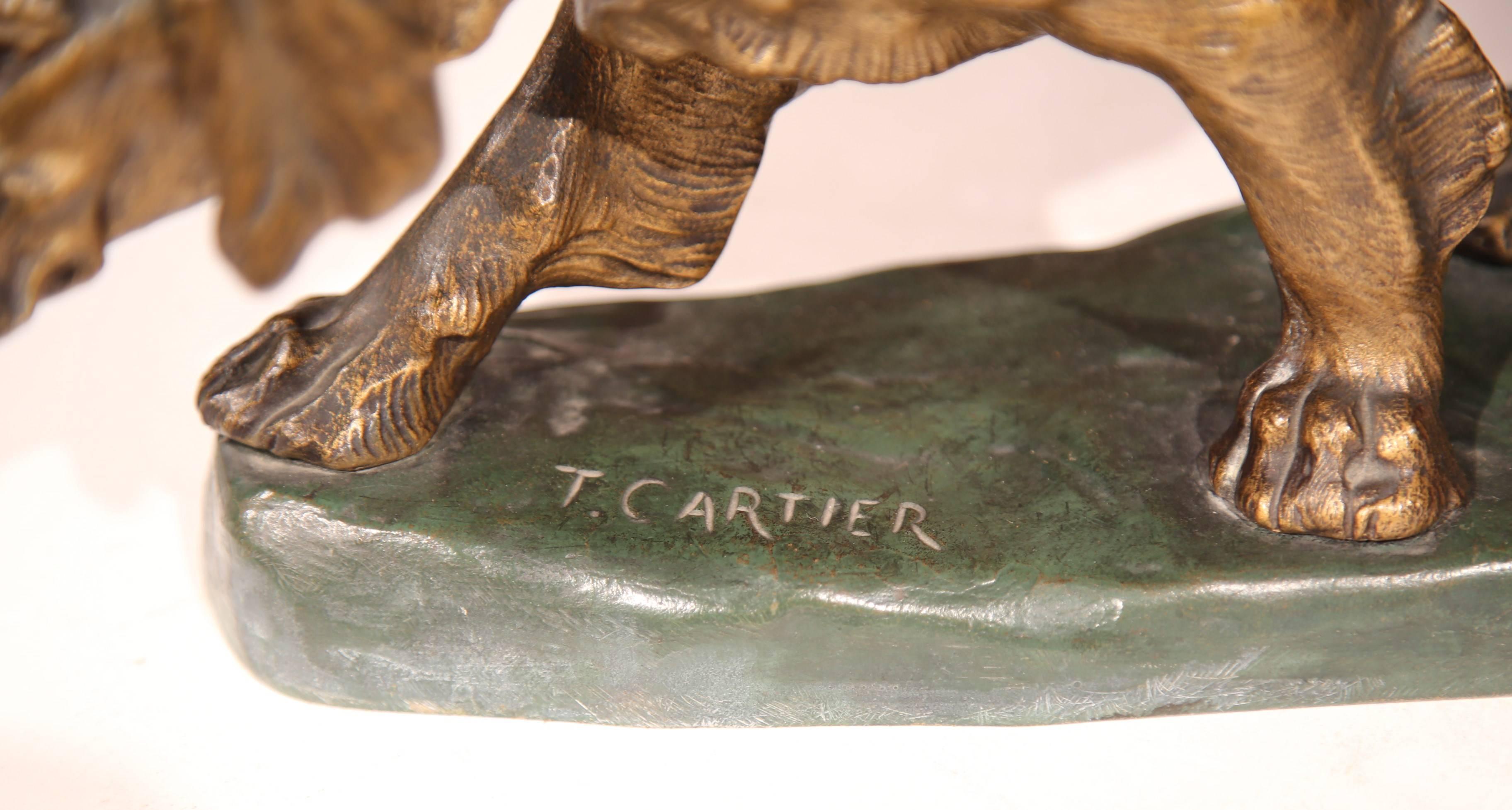 Early 20th Century French Patinated Bronze Dog Sculpture Signed T. Cartier In Excellent Condition In Dallas, TX