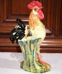 20th Century French Hand-Painted Barbotine Rooster with Vase Signed J. Massier