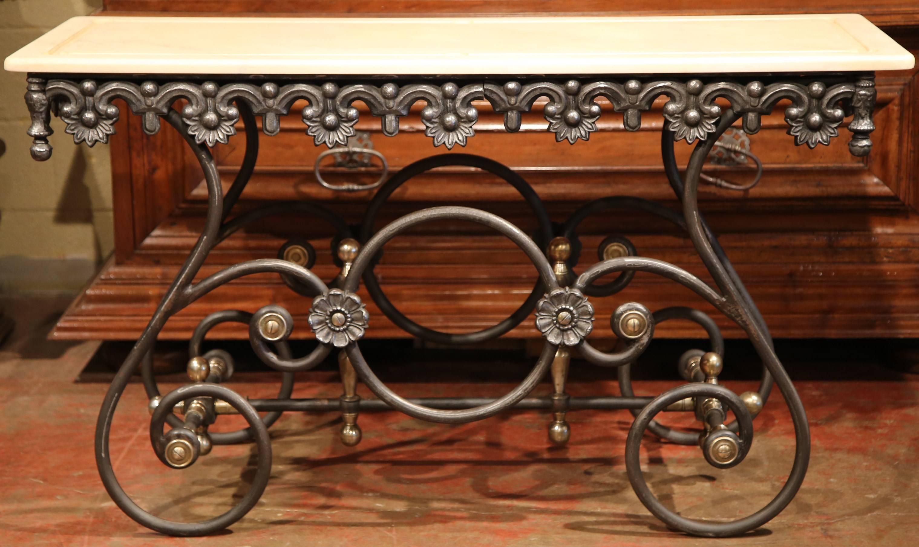 French Polished Iron Butcher Pastry Table with Marble Top and Brass Mounts from France