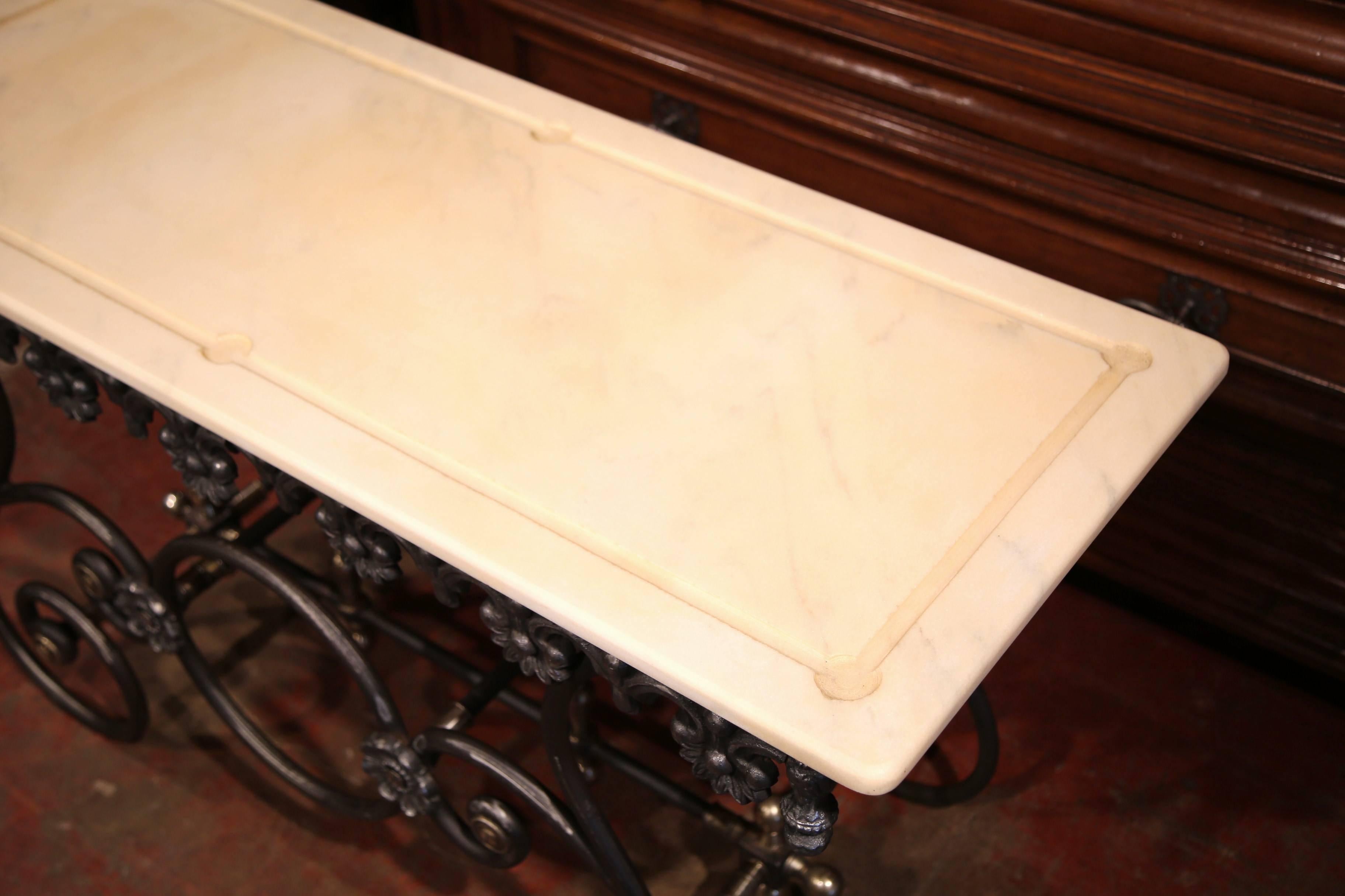 Polished Iron Butcher Pastry Table with Marble Top and Brass Mounts from France In Excellent Condition In Dallas, TX