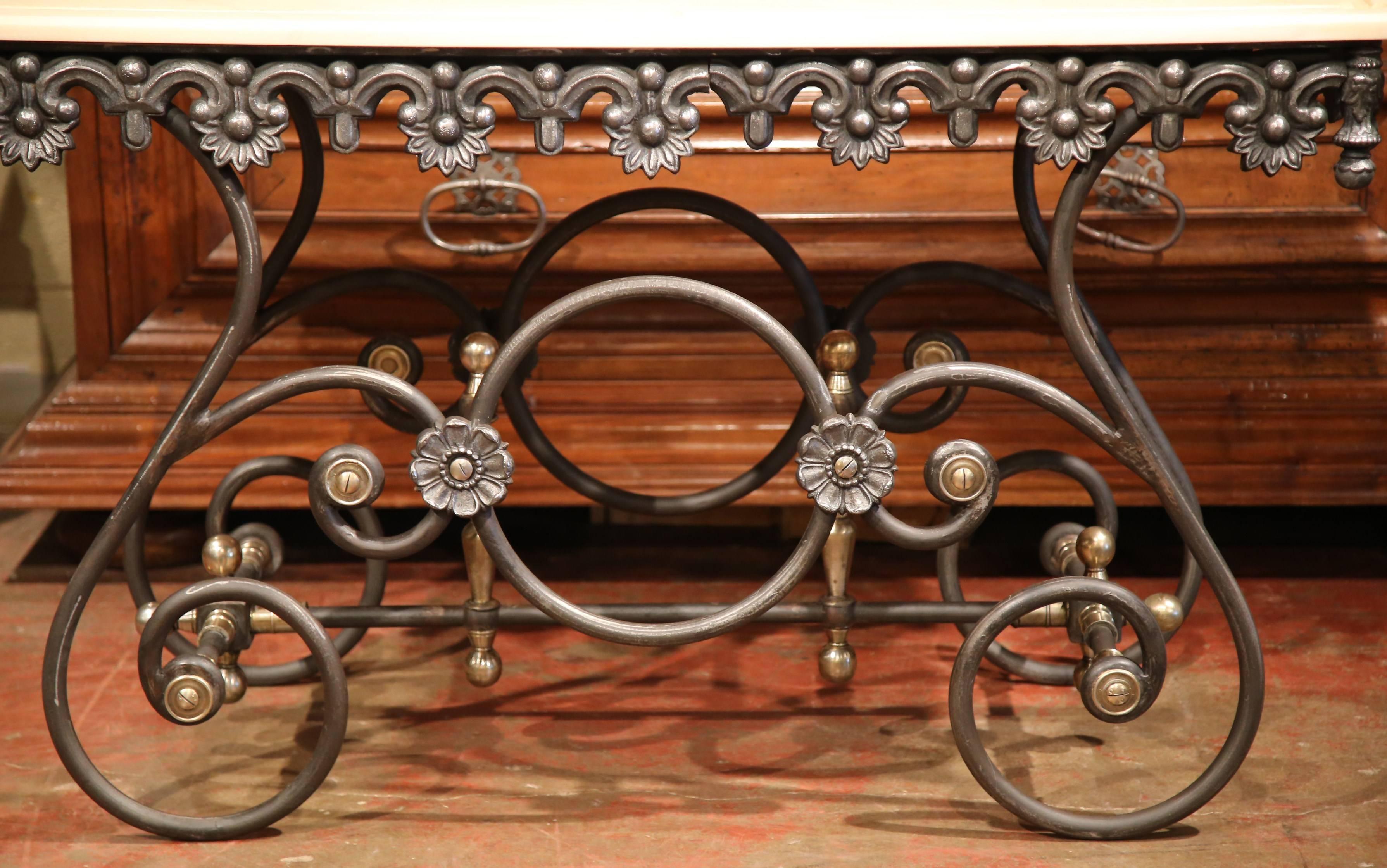 Forged Polished Iron Butcher Pastry Table with Marble Top and Brass Mounts from France