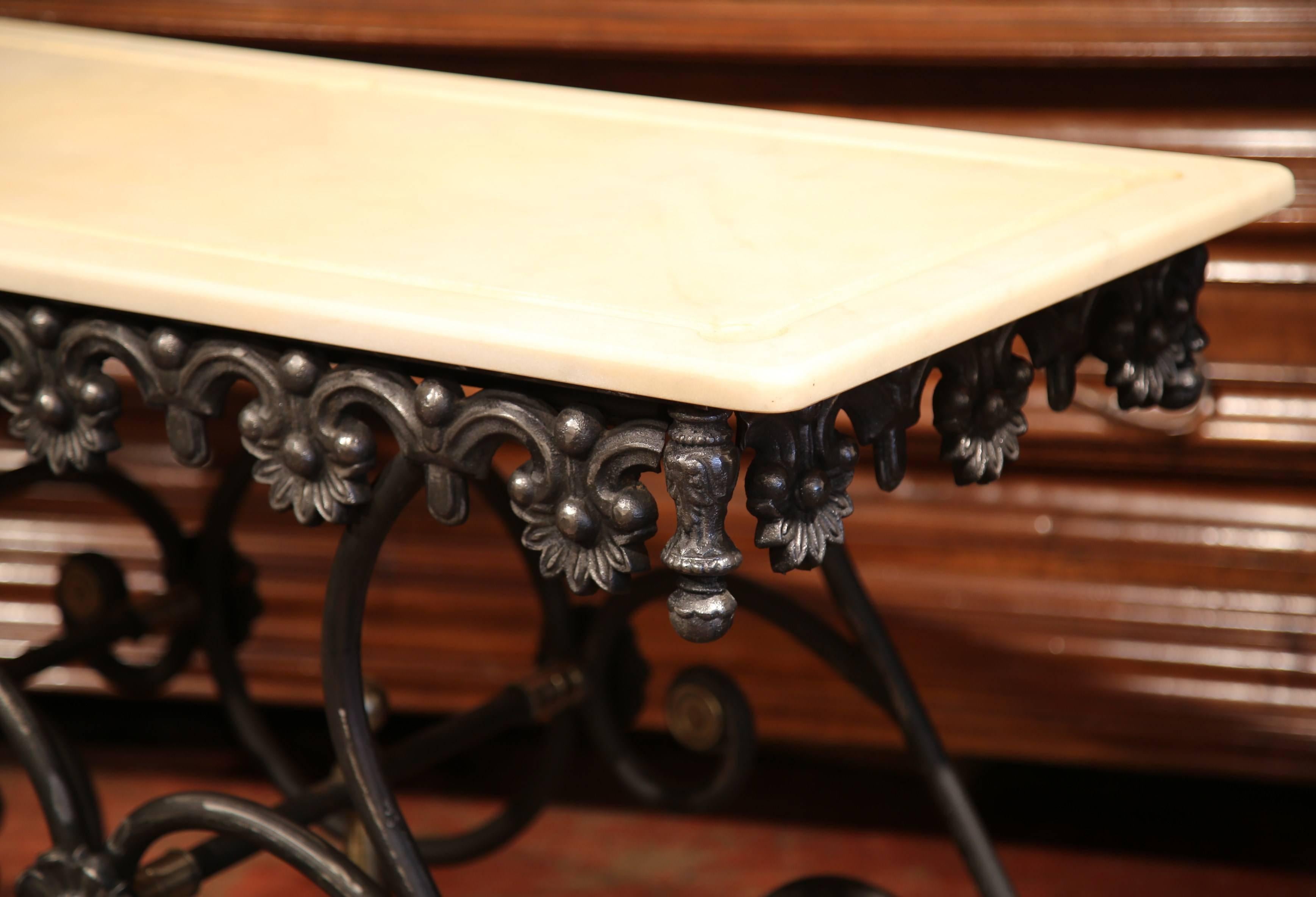 Polished Iron Butcher Pastry Table with Marble Top and Brass Mounts from France 3