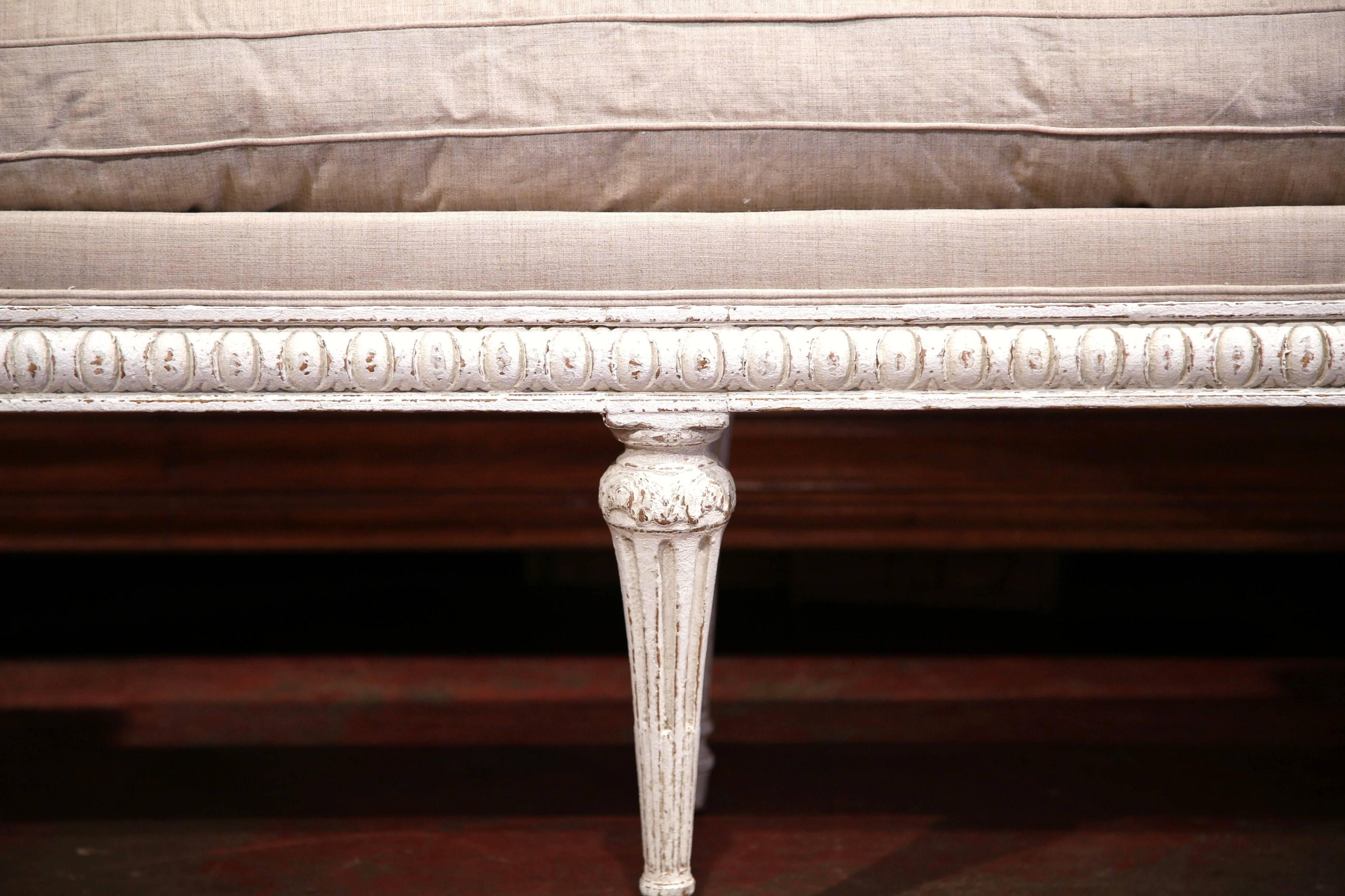 Late 19th Century French Directoire Carved Painted Six-Leg Bench with Cushion In Excellent Condition In Dallas, TX