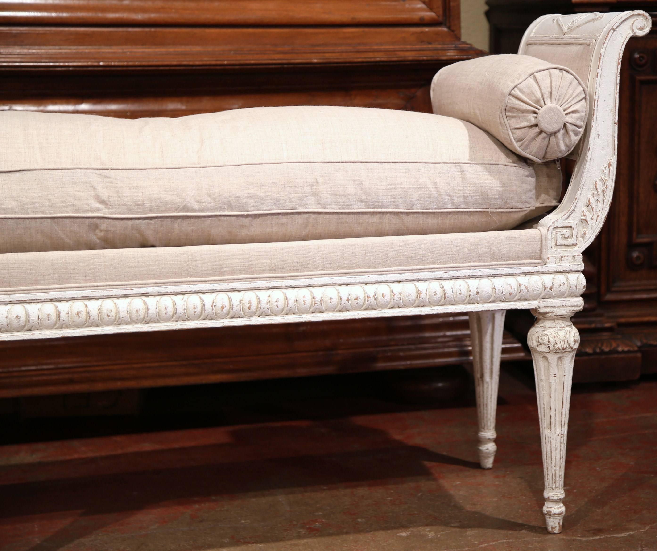 Late 19th Century French Directoire Carved Painted Six-Leg Bench with Cushion 2