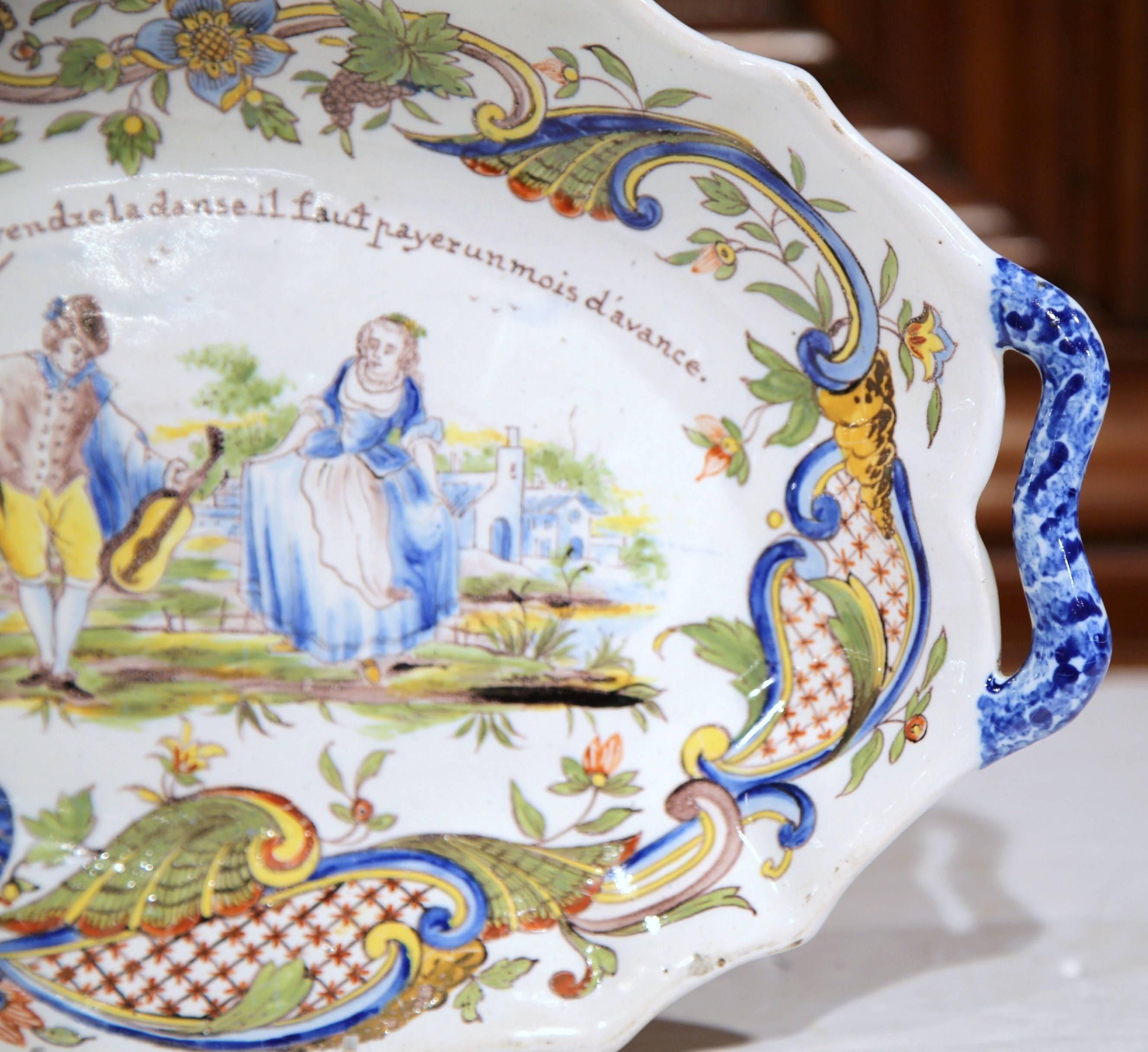 Hand-Crafted 19th Century French Hand Painted Oval Faience Wall Platter from Rouen For Sale