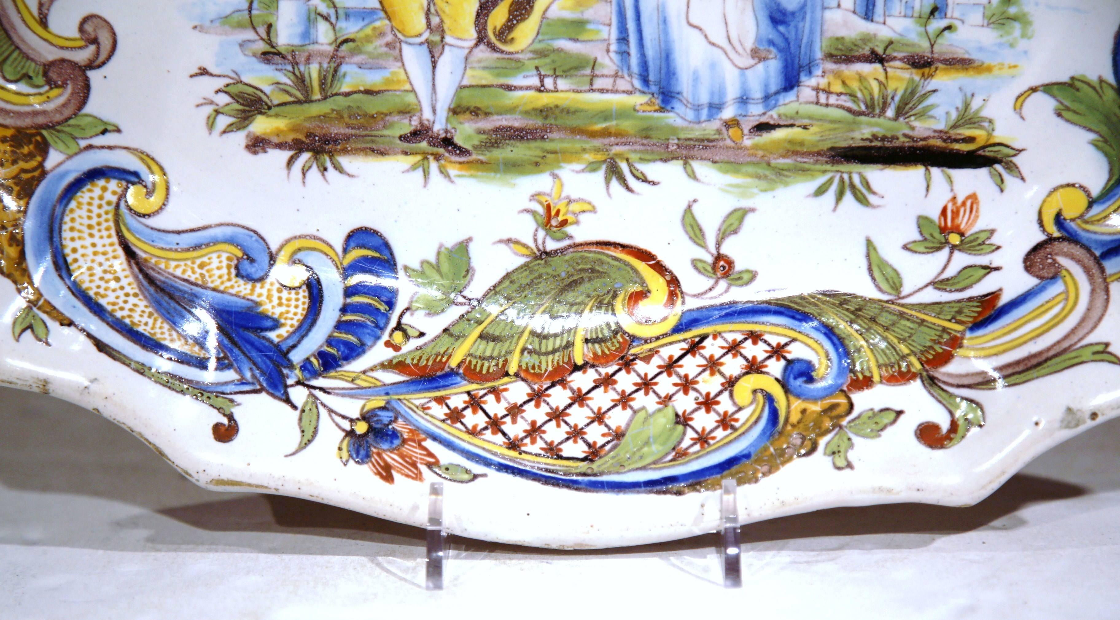 19th Century French Hand Painted Oval Faience Wall Platter from Rouen In Excellent Condition For Sale In Dallas, TX