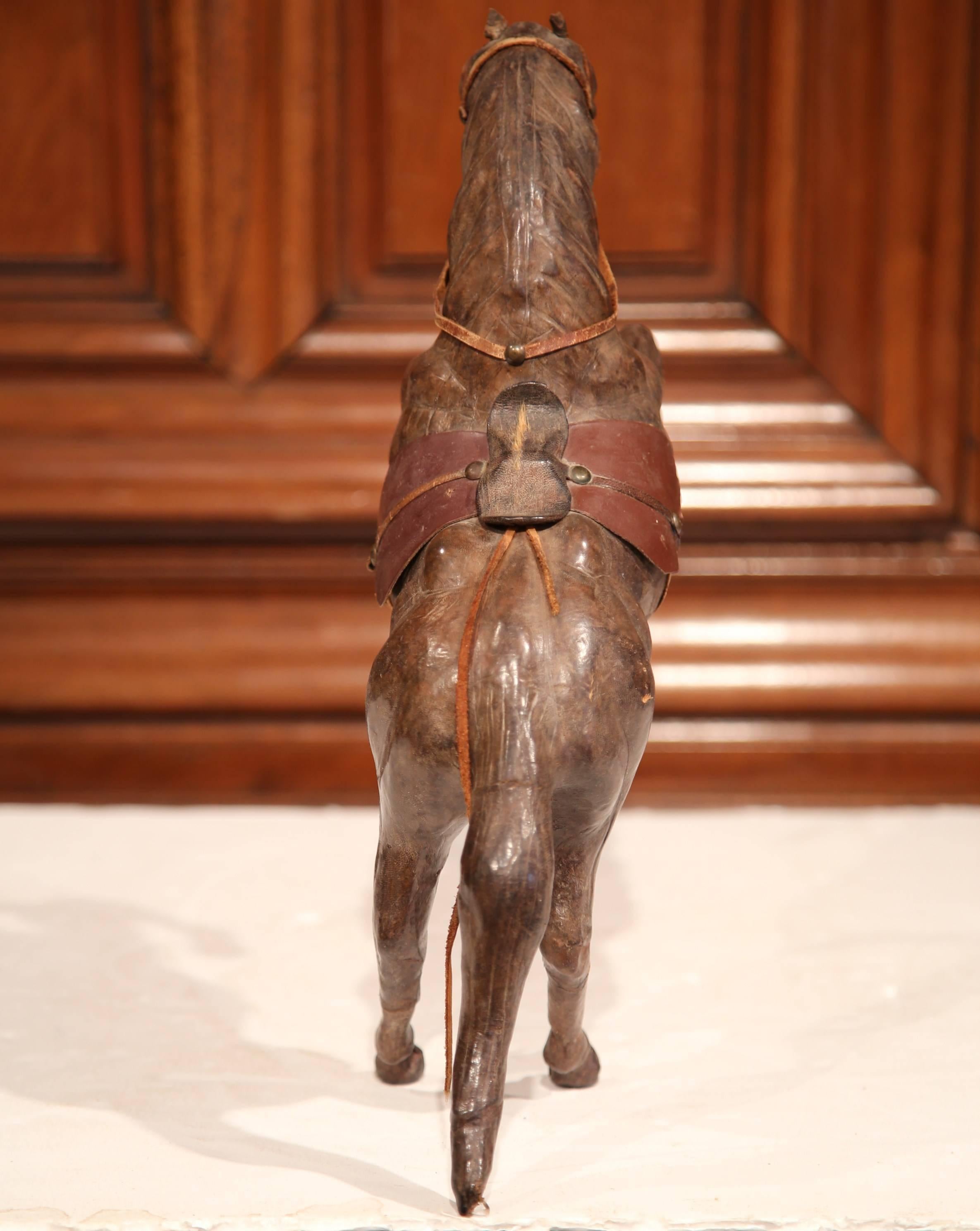 19th Century French Carved Patinated Leather Rearing Horse Sculpture In Good Condition In Dallas, TX