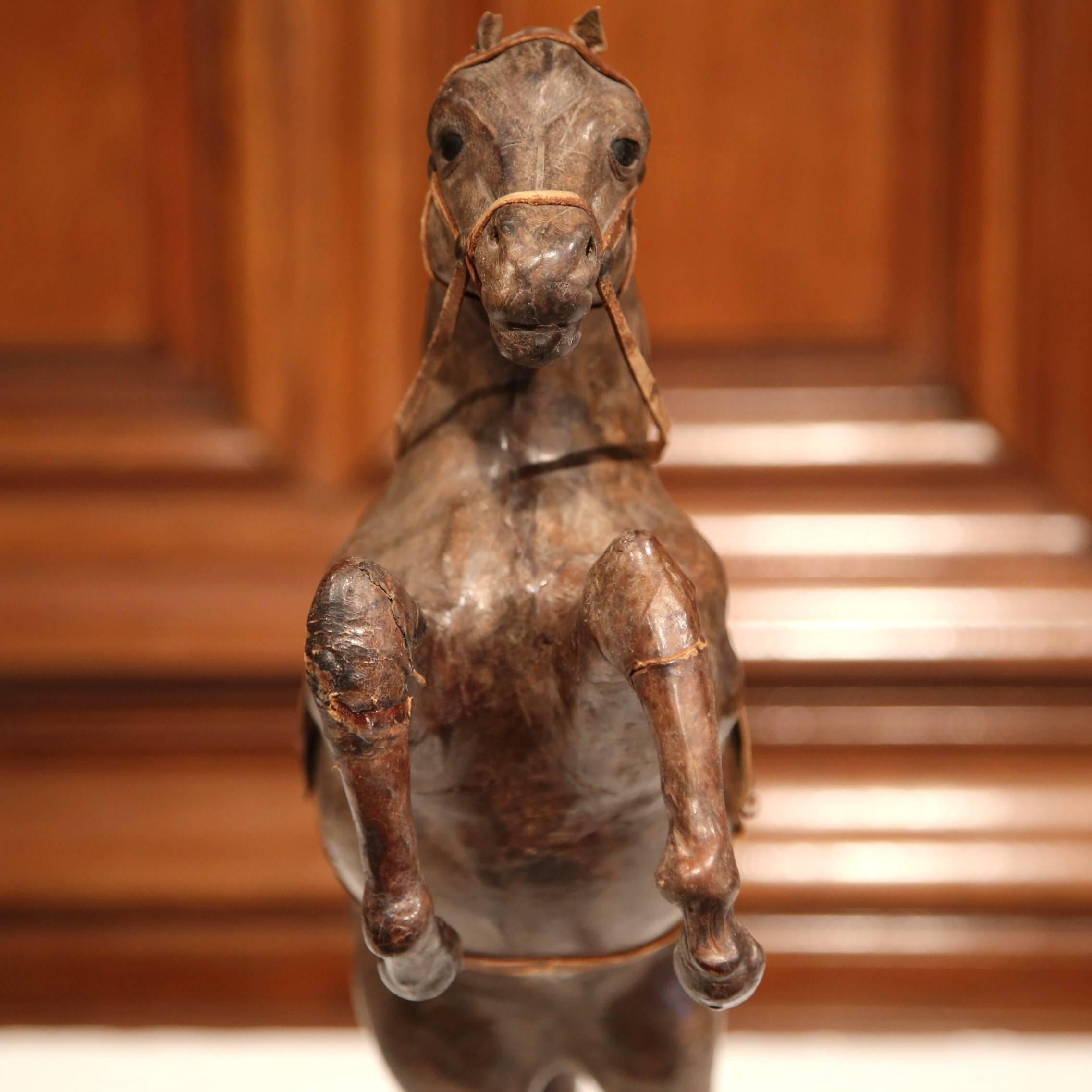 19th Century French Carved Patinated Leather Rearing Horse Sculpture 1