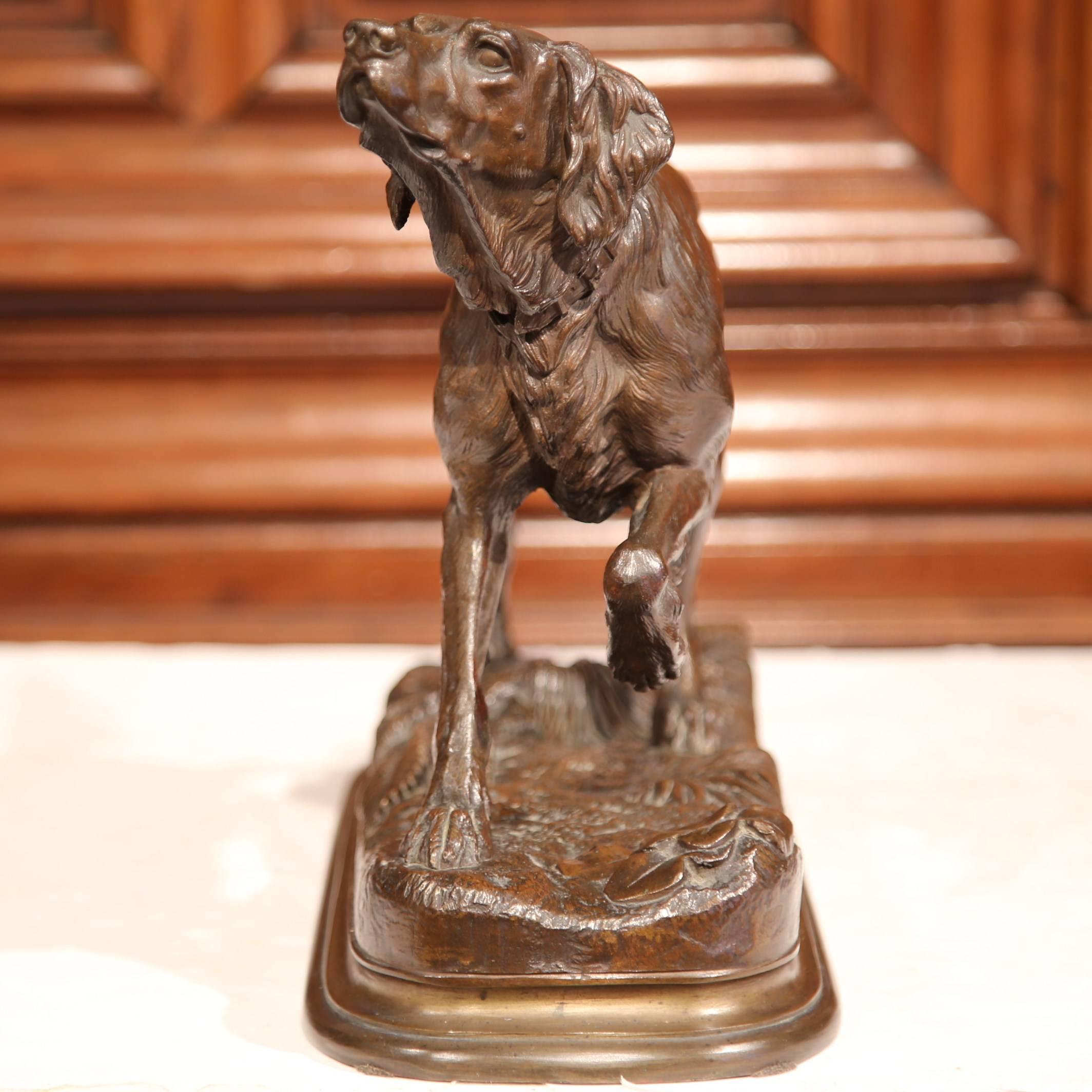 The antique bronze sculpture was created in France, circa 1870, and features a setter pointing while lifting his front leg. The hunting dog figure is signed on the base, Jules Moigniez . The piece is in excellent condition with wonderful details and