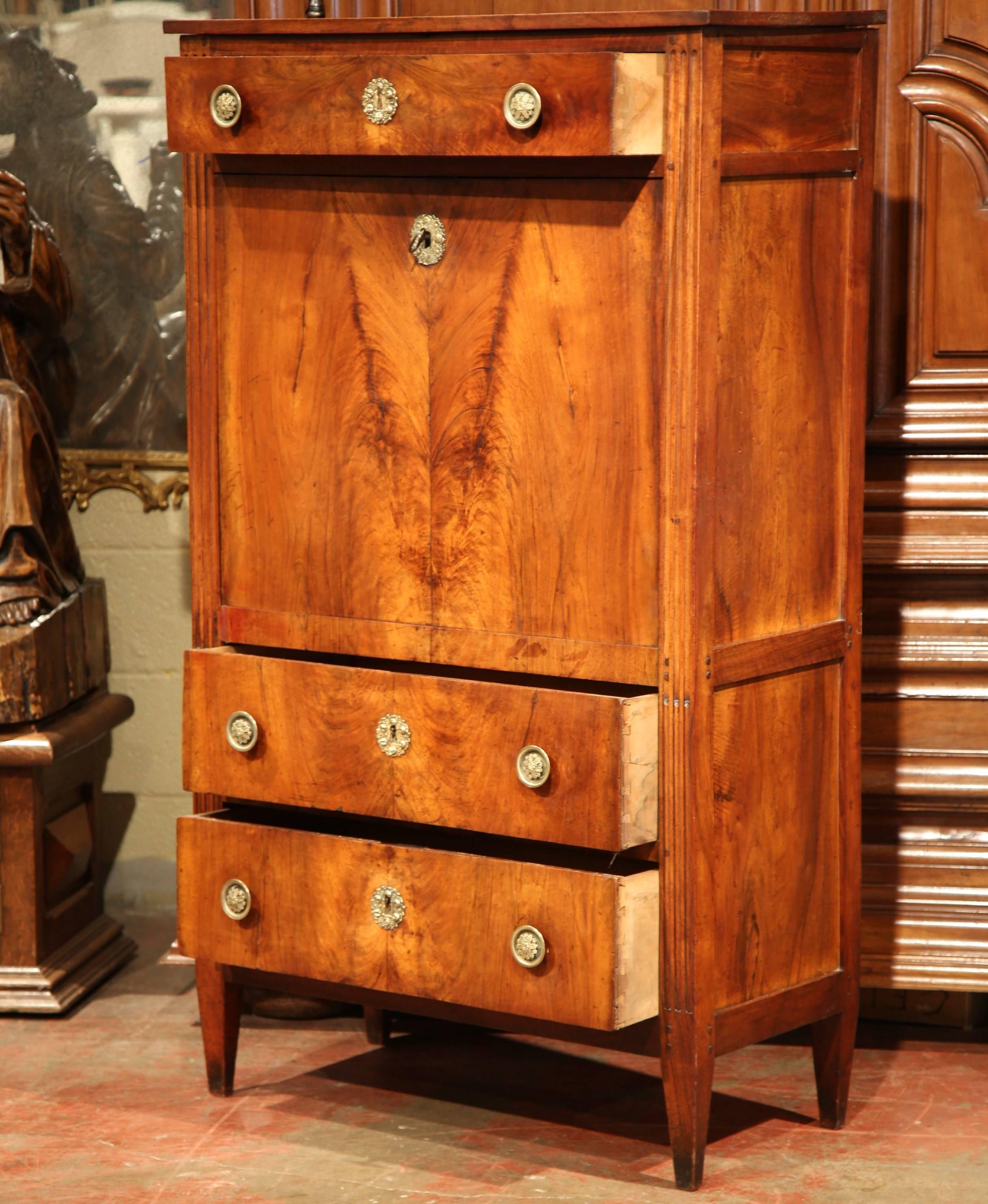 19th Century French Louis XVI Walnut Secretary Desk with Red Tooled Leather Top 1