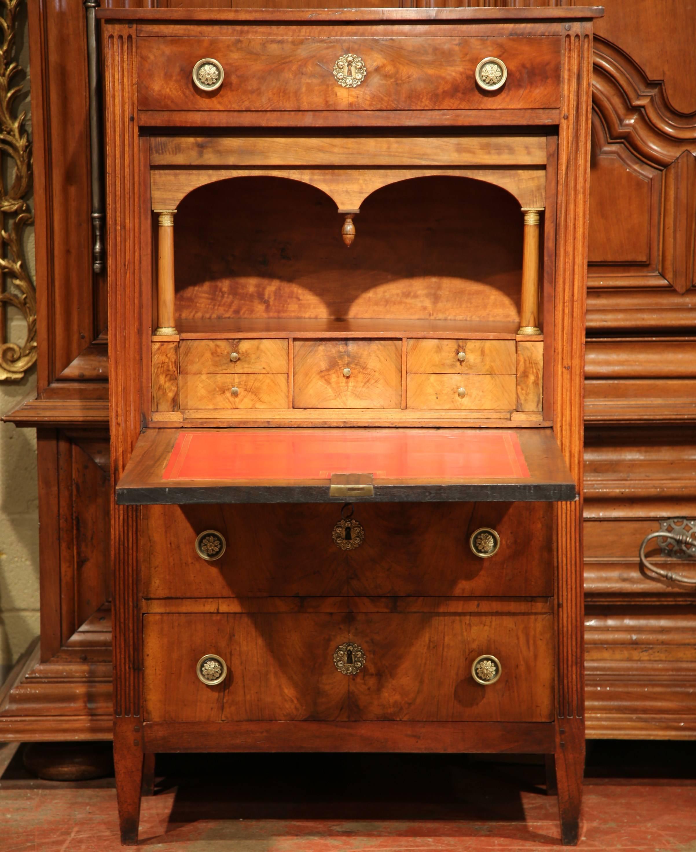 Hand-Carved 19th Century French Louis XVI Walnut Secretary Desk with Red Tooled Leather Top