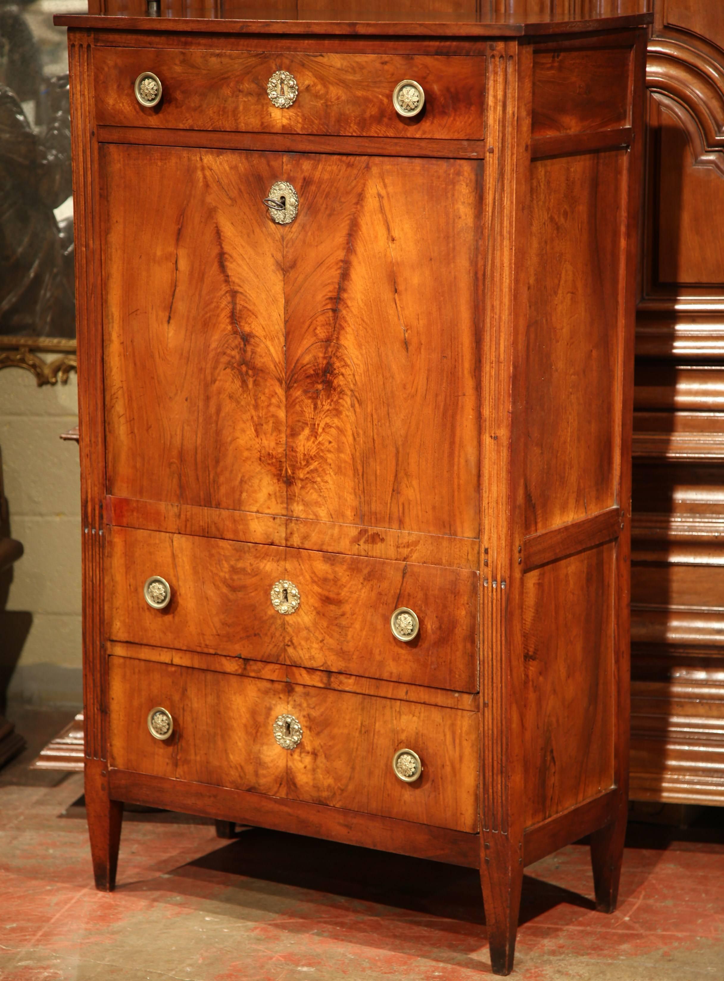 19th Century French Louis XVI Walnut Secretary Desk with Red Tooled Leather Top 3