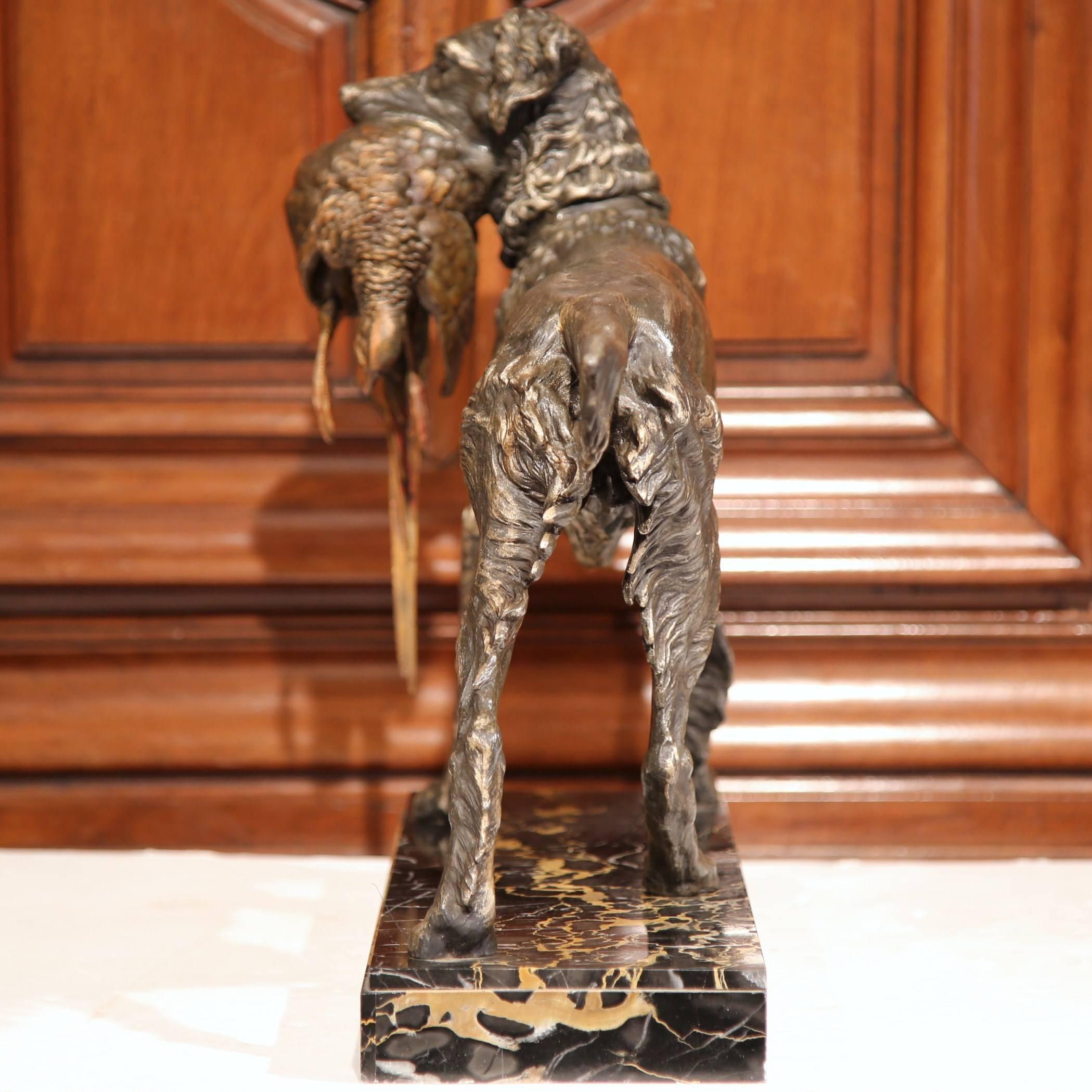 19th Century French Spelter Hunt Dog with Bird Sculpture on Marble Base 4