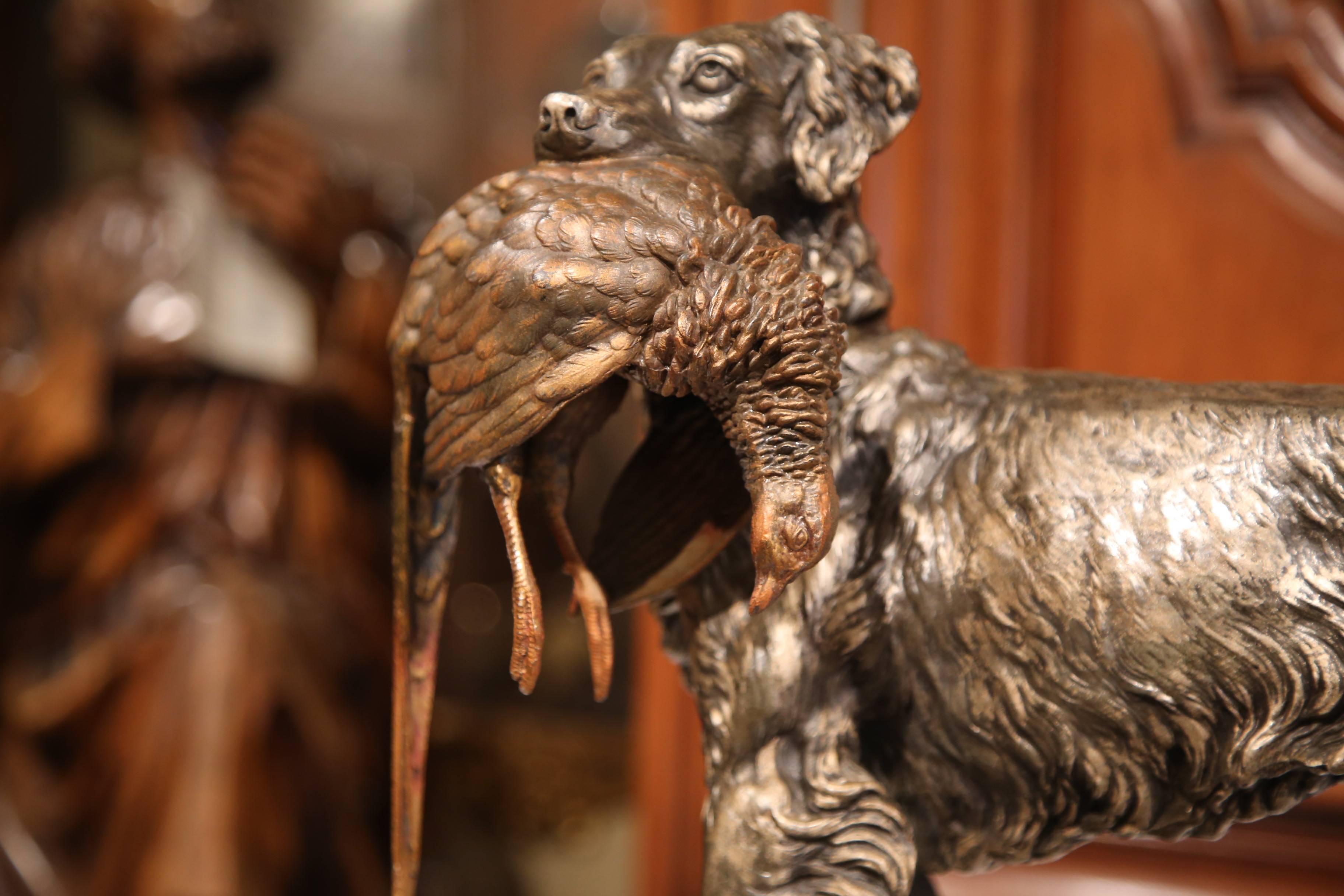19th Century French Spelter Hunt Dog with Bird Sculpture on Marble Base 3