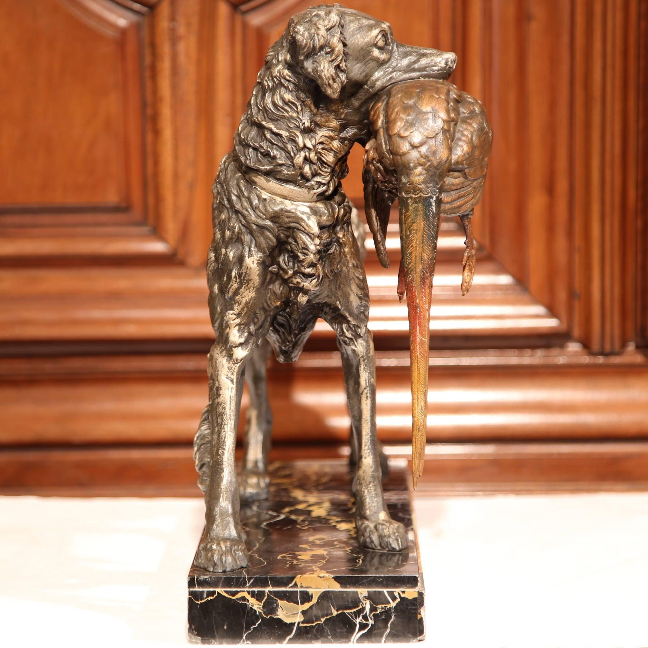 19th Century French Spelter Hunt Dog with Bird Sculpture on Marble Base 1