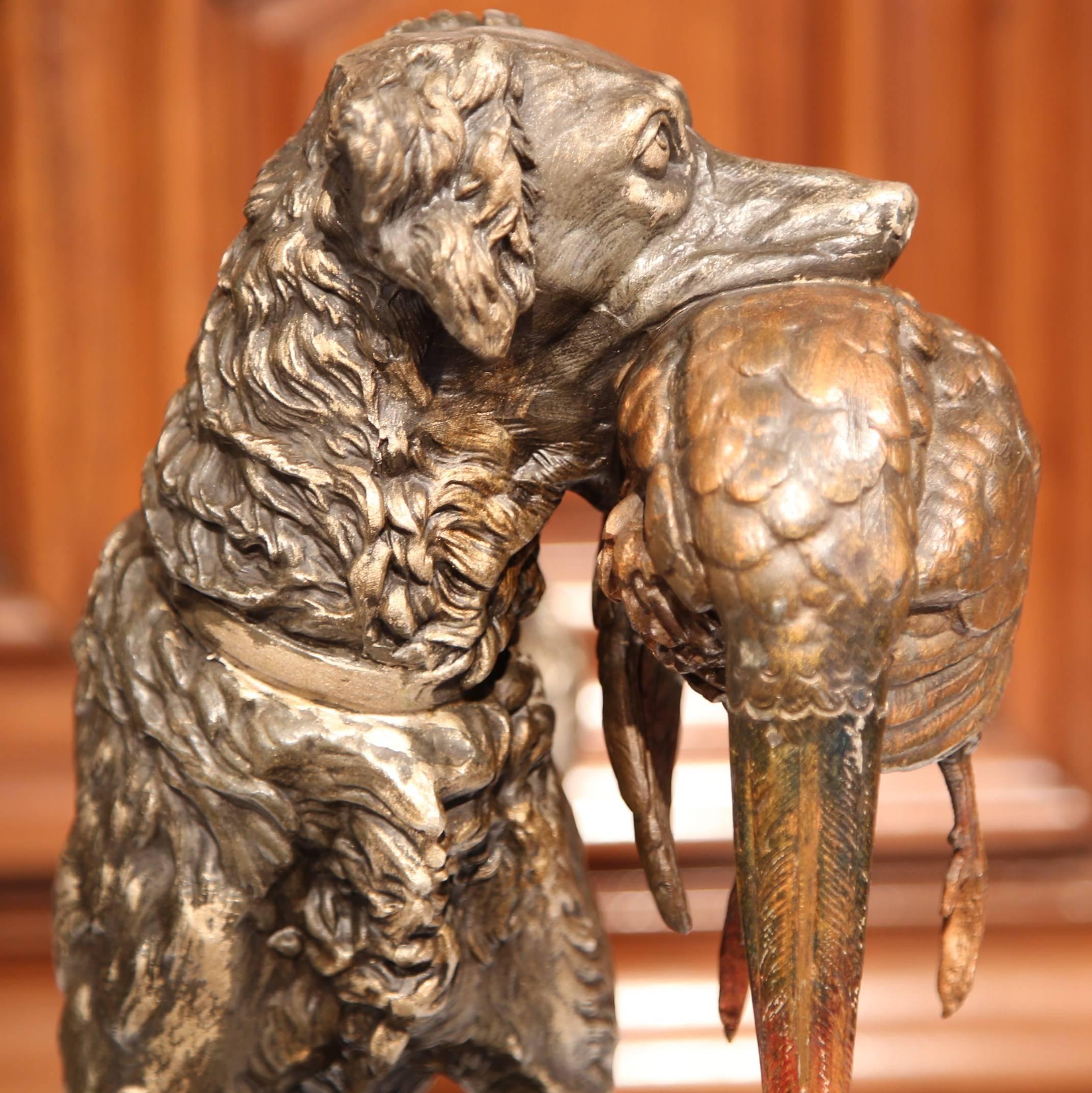 19th Century French Spelter Hunt Dog with Bird Sculpture on Marble Base 2