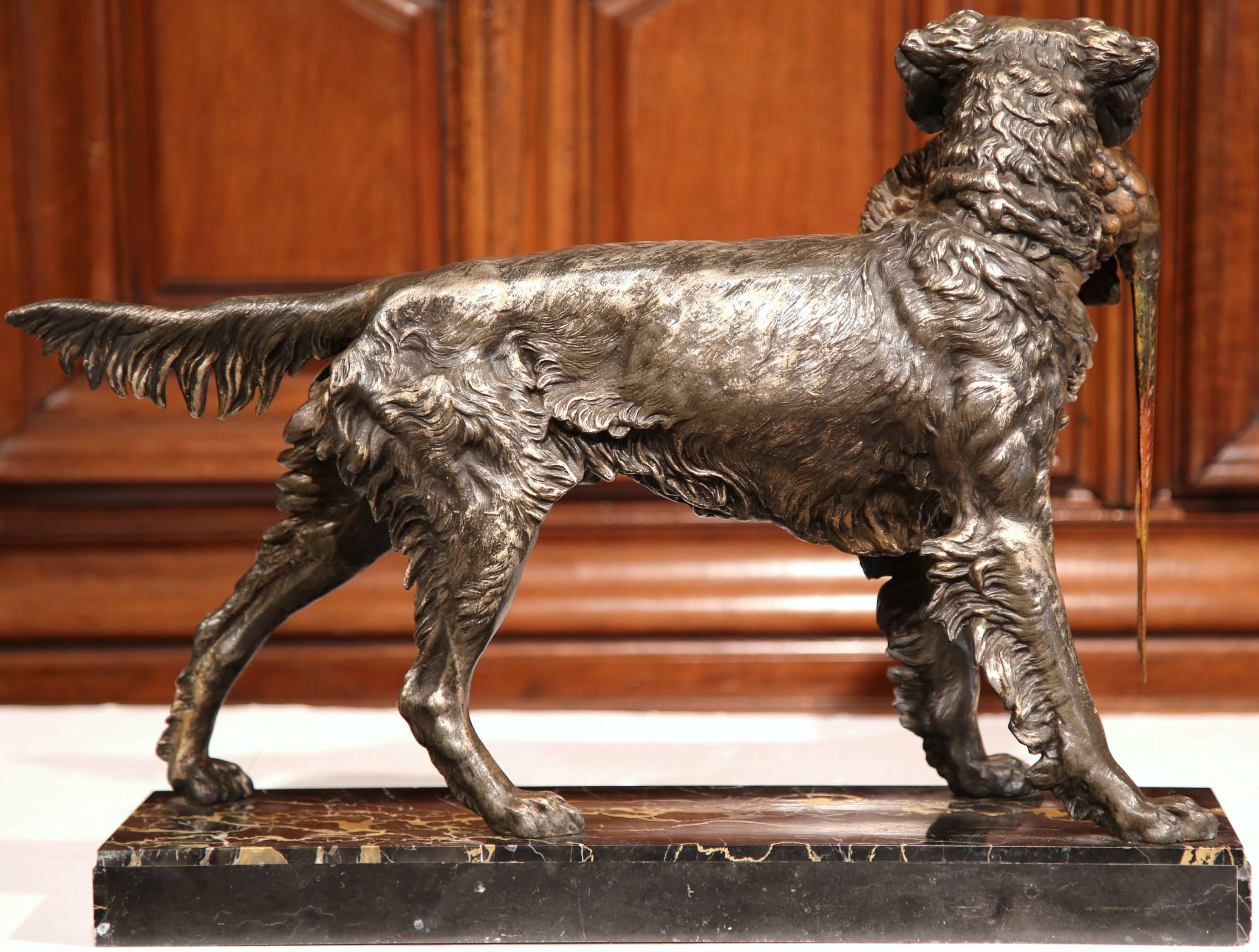 19th Century French Spelter Hunt Dog with Bird Sculpture on Marble Base In Excellent Condition In Dallas, TX