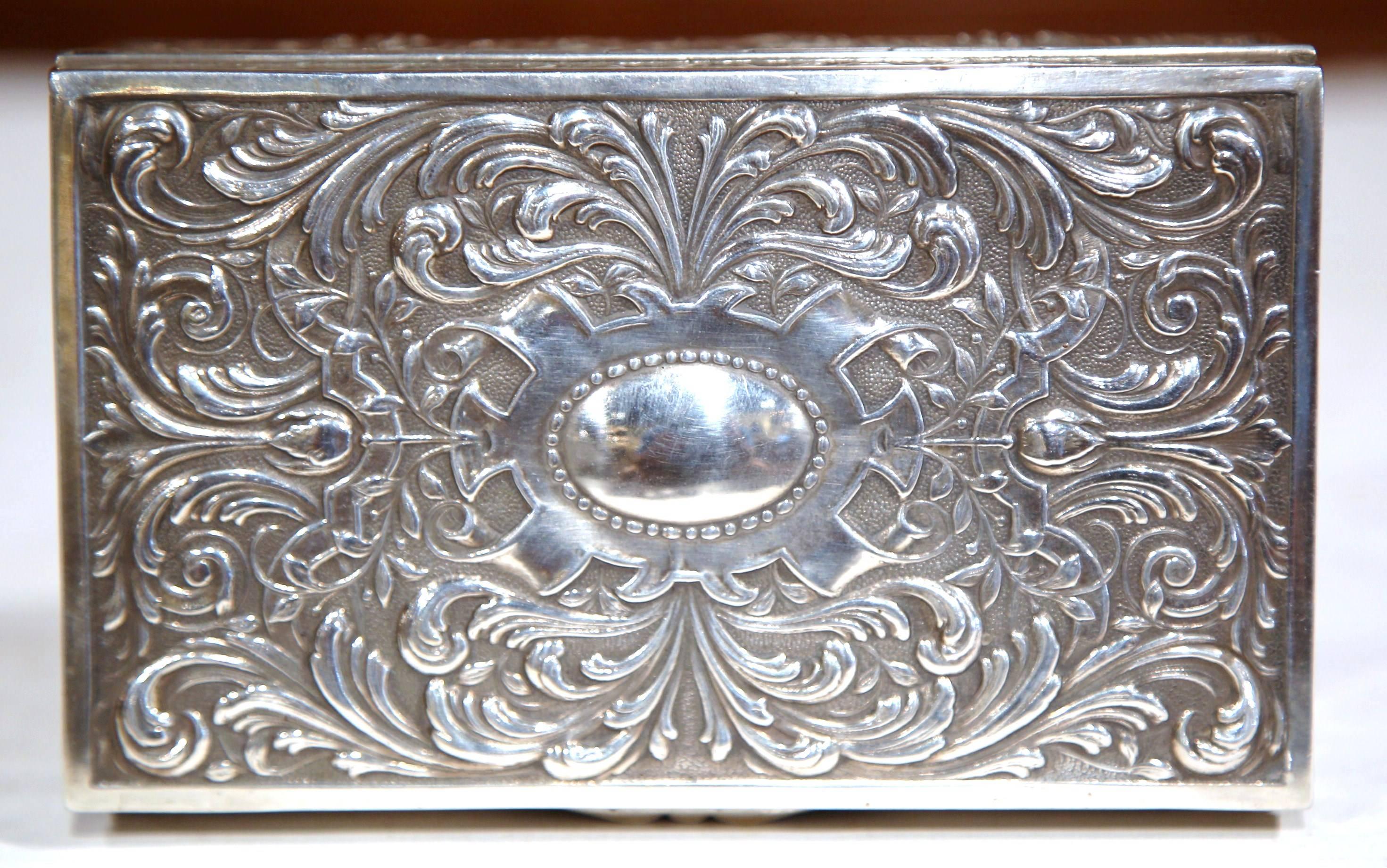 Hand-Crafted 19th Century French Wooden Repousse Silver Plated Jewelry Box