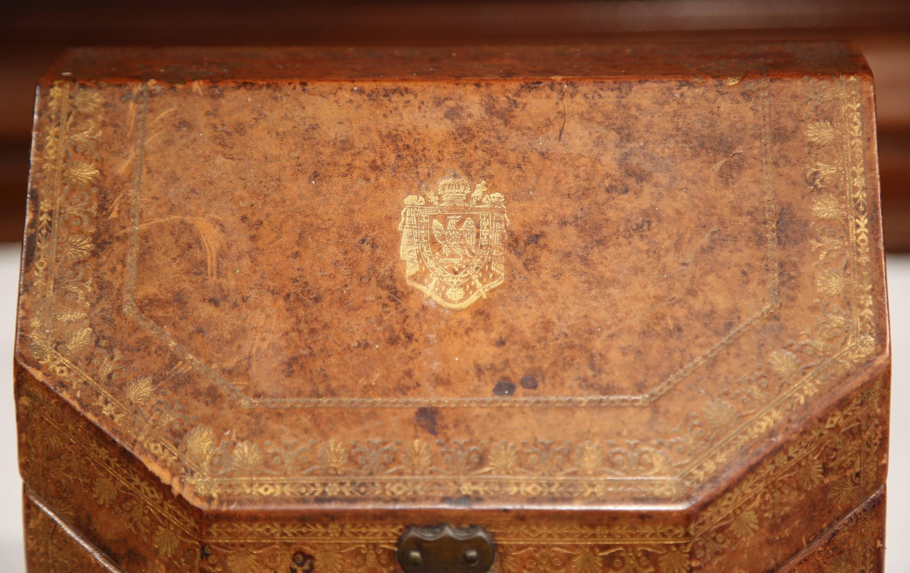 Gilt 19th Century French Letter Holder in Leather with Tooling and Coat of Arms