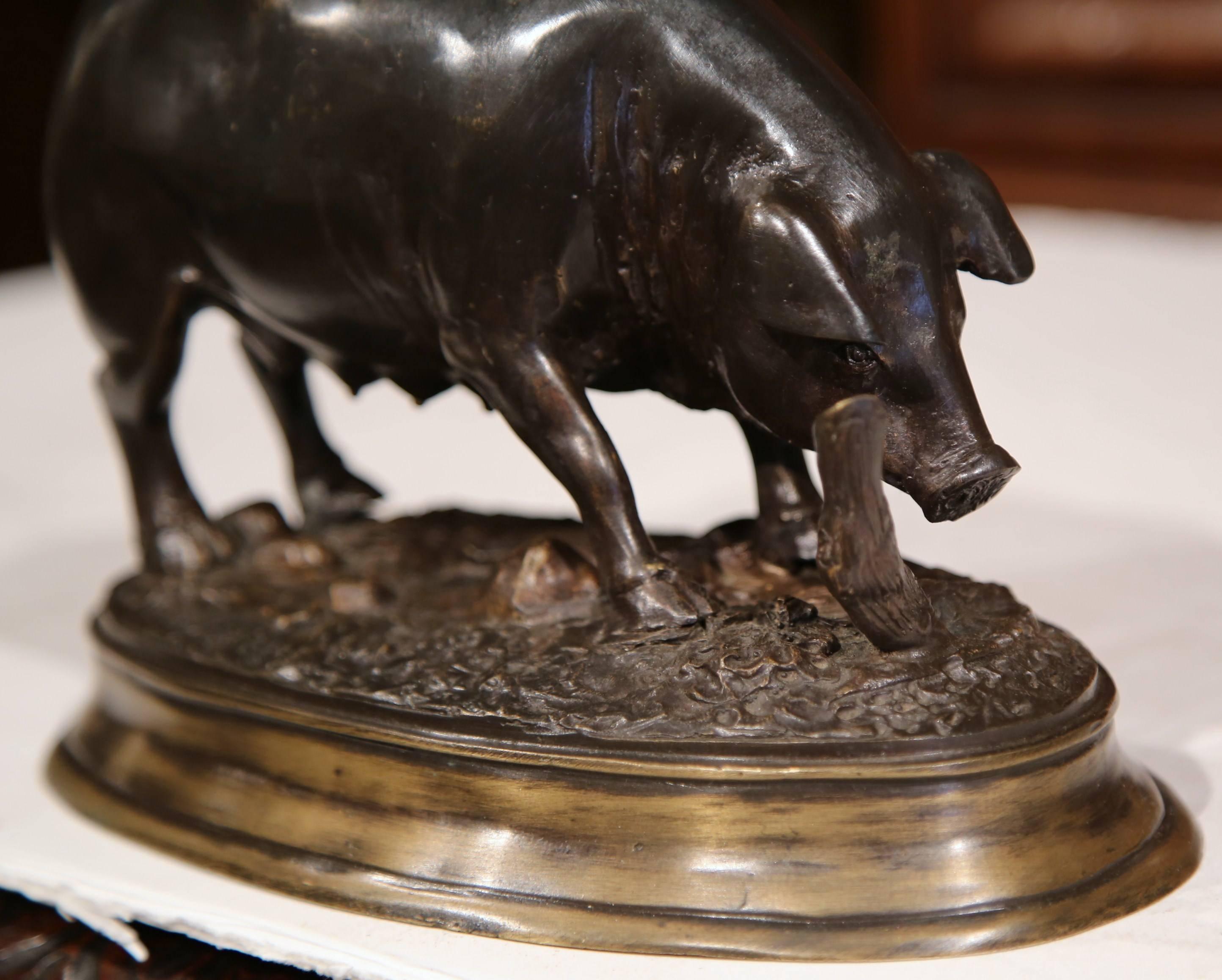 19th Century French Patinated Bronze Pig Sculpture Signed E. Delabrierre In Excellent Condition In Dallas, TX