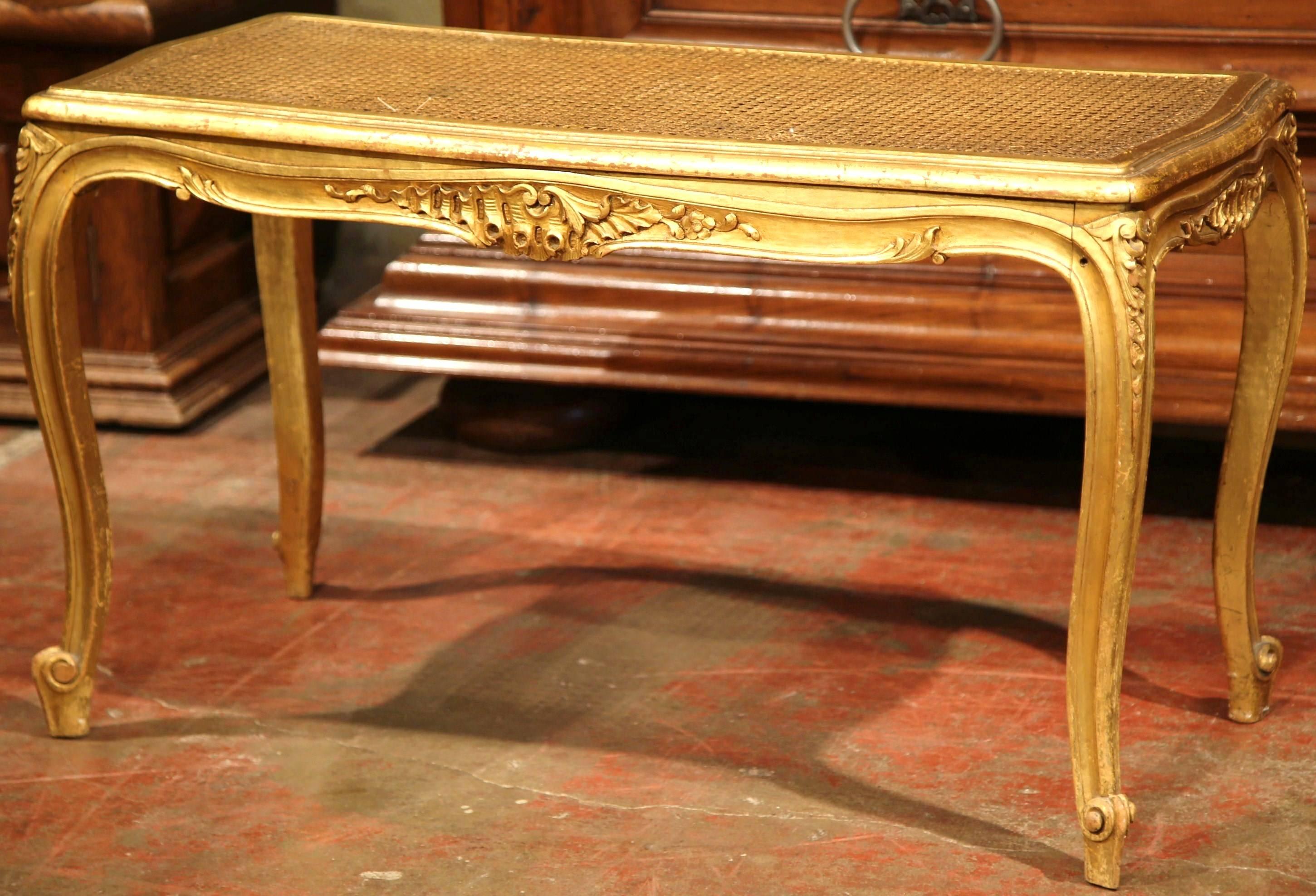 19th Century French Louis XV Carved Giltwood Piano Bench with Cane Seat In Excellent Condition In Dallas, TX