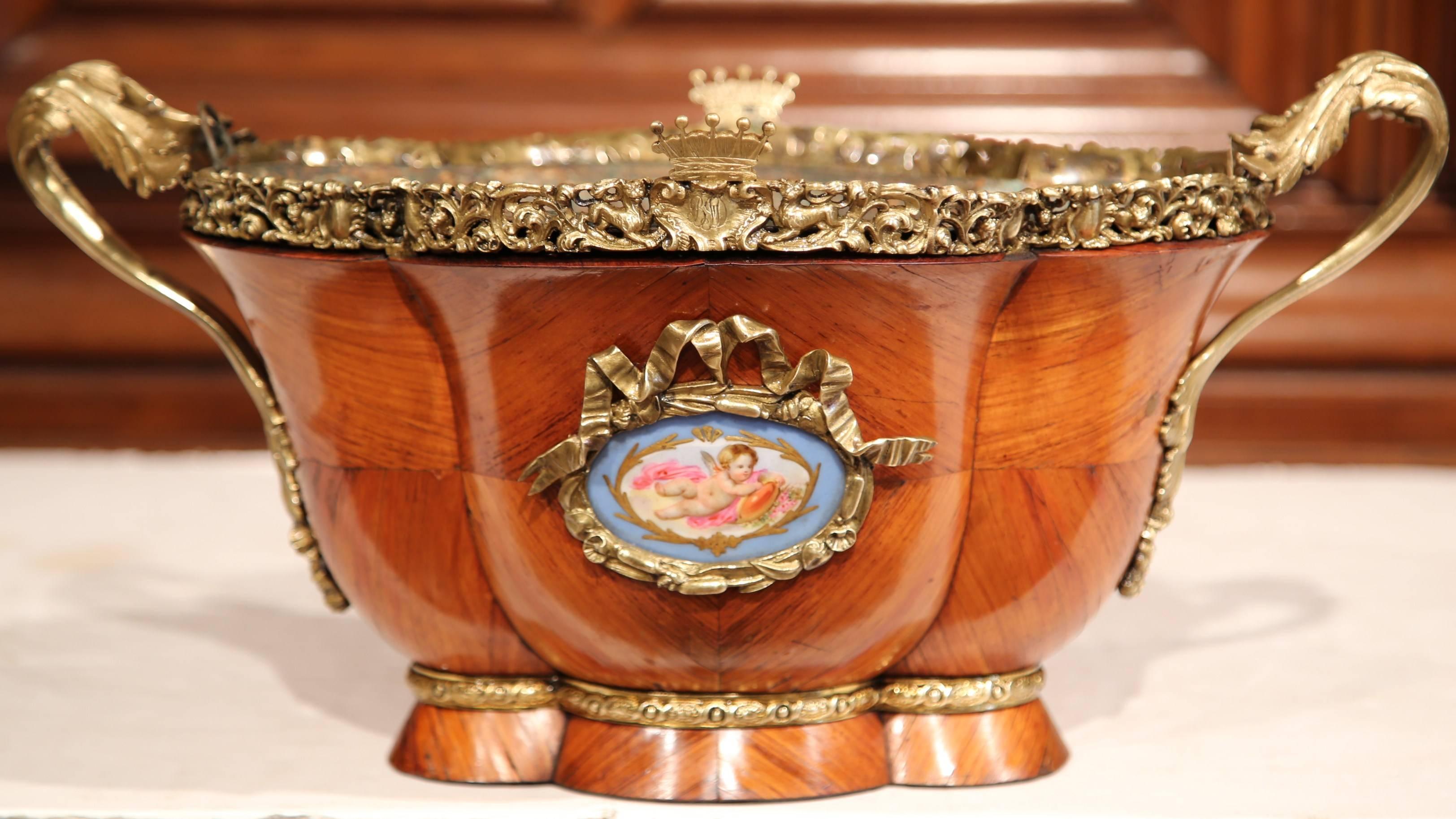 Louis XVI 19th Century French Bombe Tulipwood and Bronze Jardinière with Porcelain Plaques