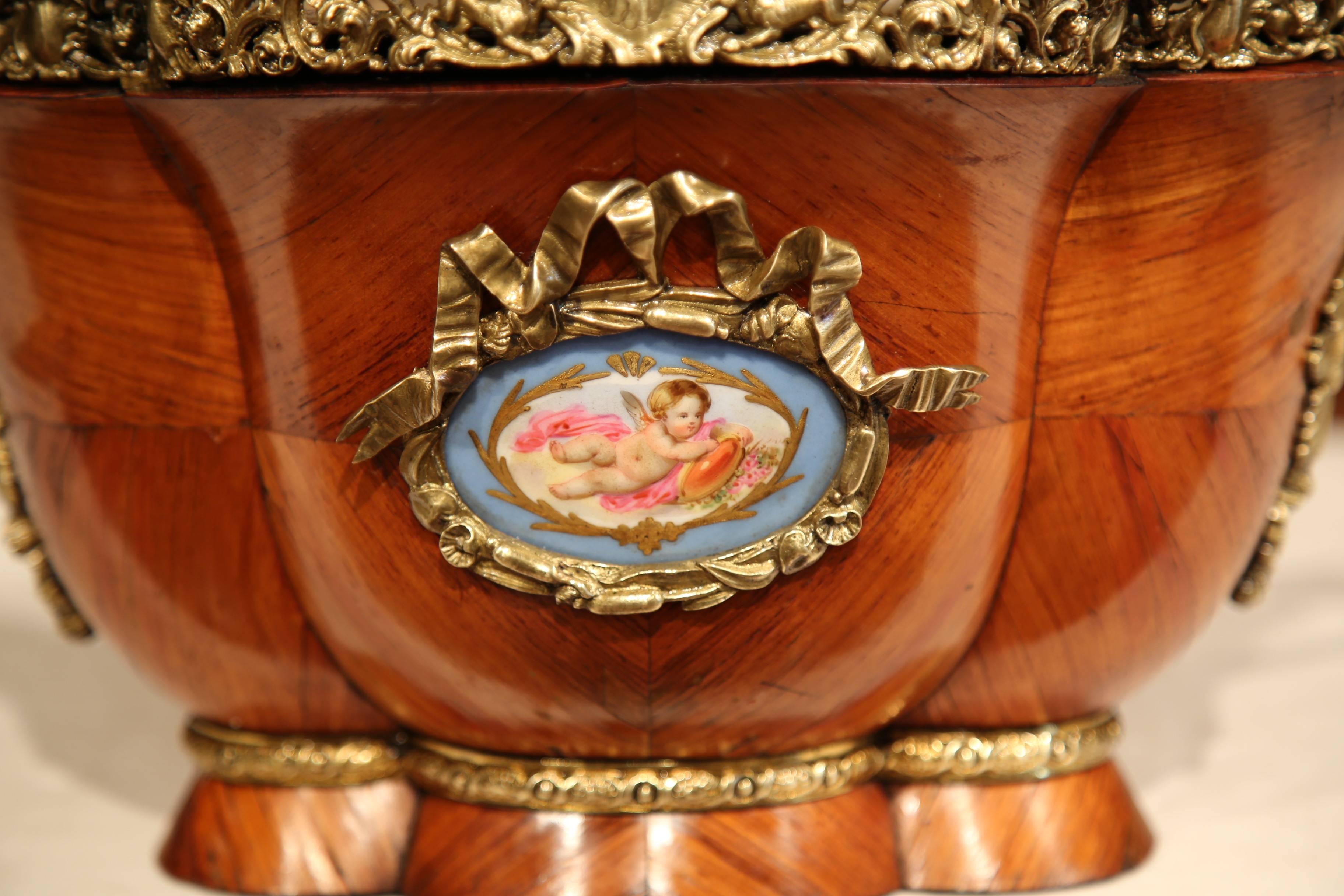 Hand-Carved 19th Century French Bombe Tulipwood and Bronze Jardinière with Porcelain Plaques