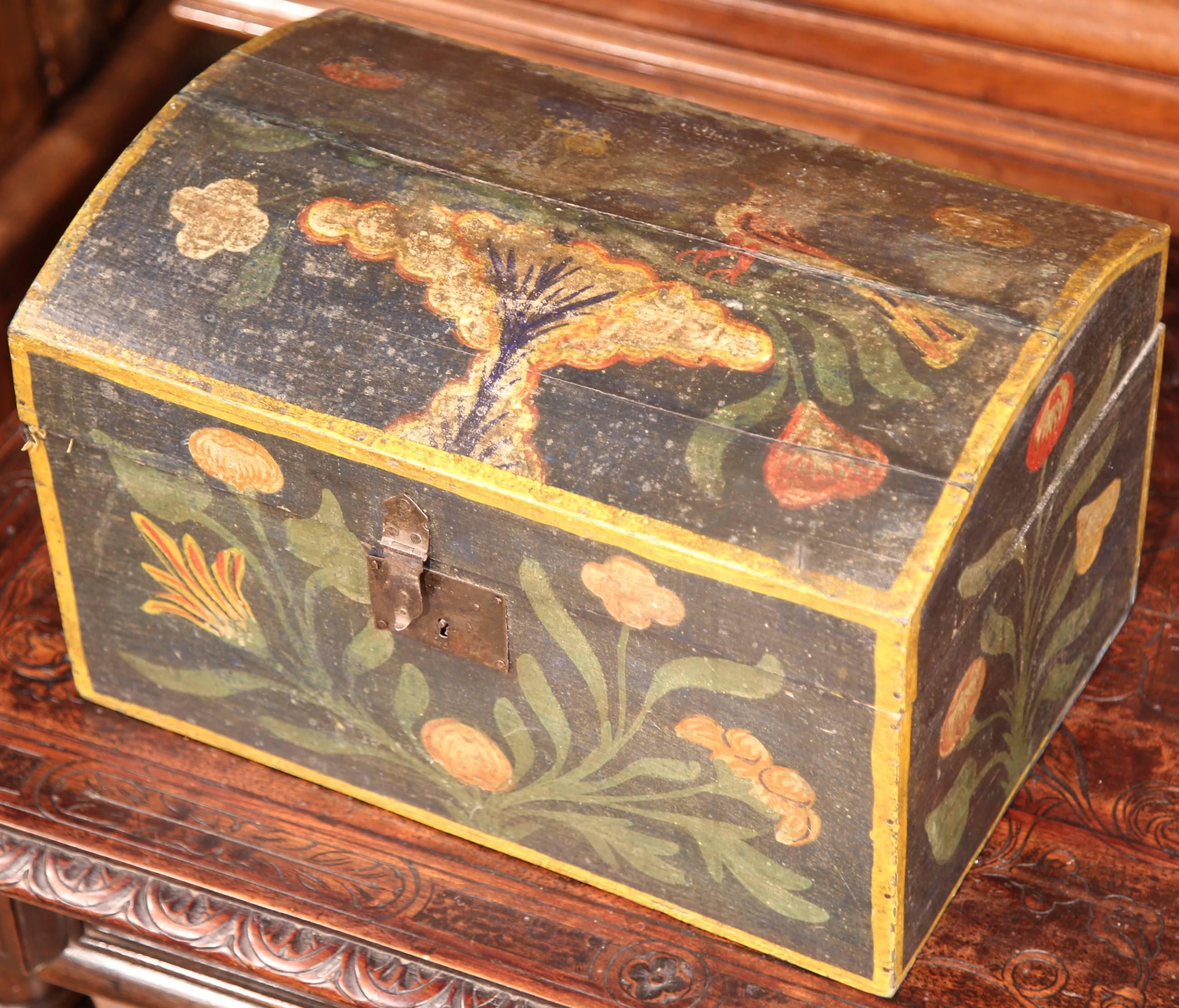 Wood 18th Century French Hand-Painted Wedding Box with Flowers and Bird from Normandy