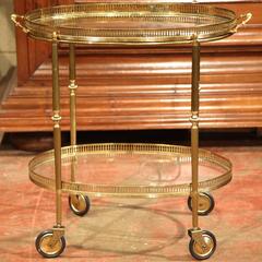 Early 20th Century French Oval Brass Desert Table or Bar Cart on Wheels