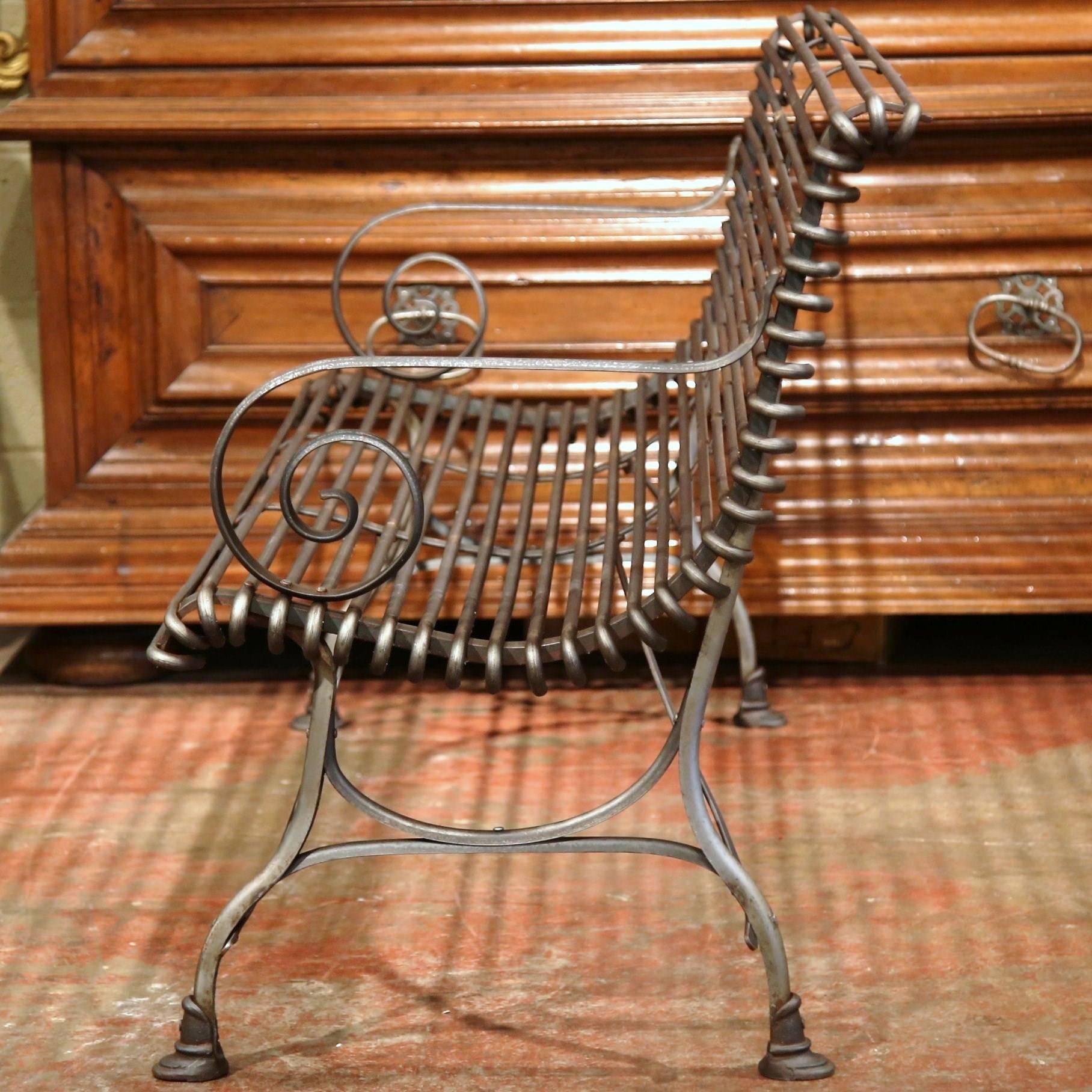 French Polished Iron Bench with Scrolled Arms and Hoof Feet Signed Sauveur Arras 1