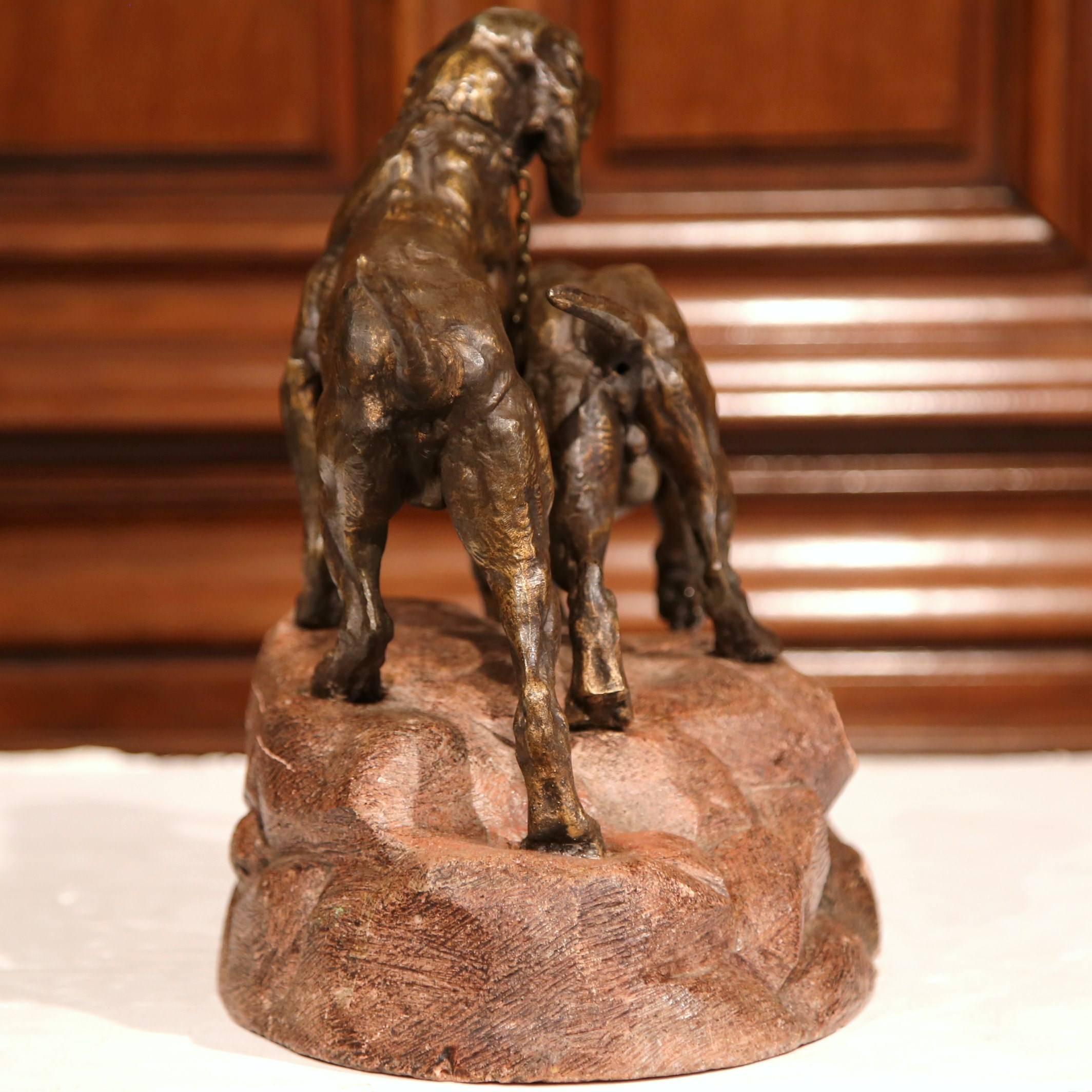 19th Century French Patinated Spelter Hunt Dogs Sculpture on Terracotta Base For Sale 4