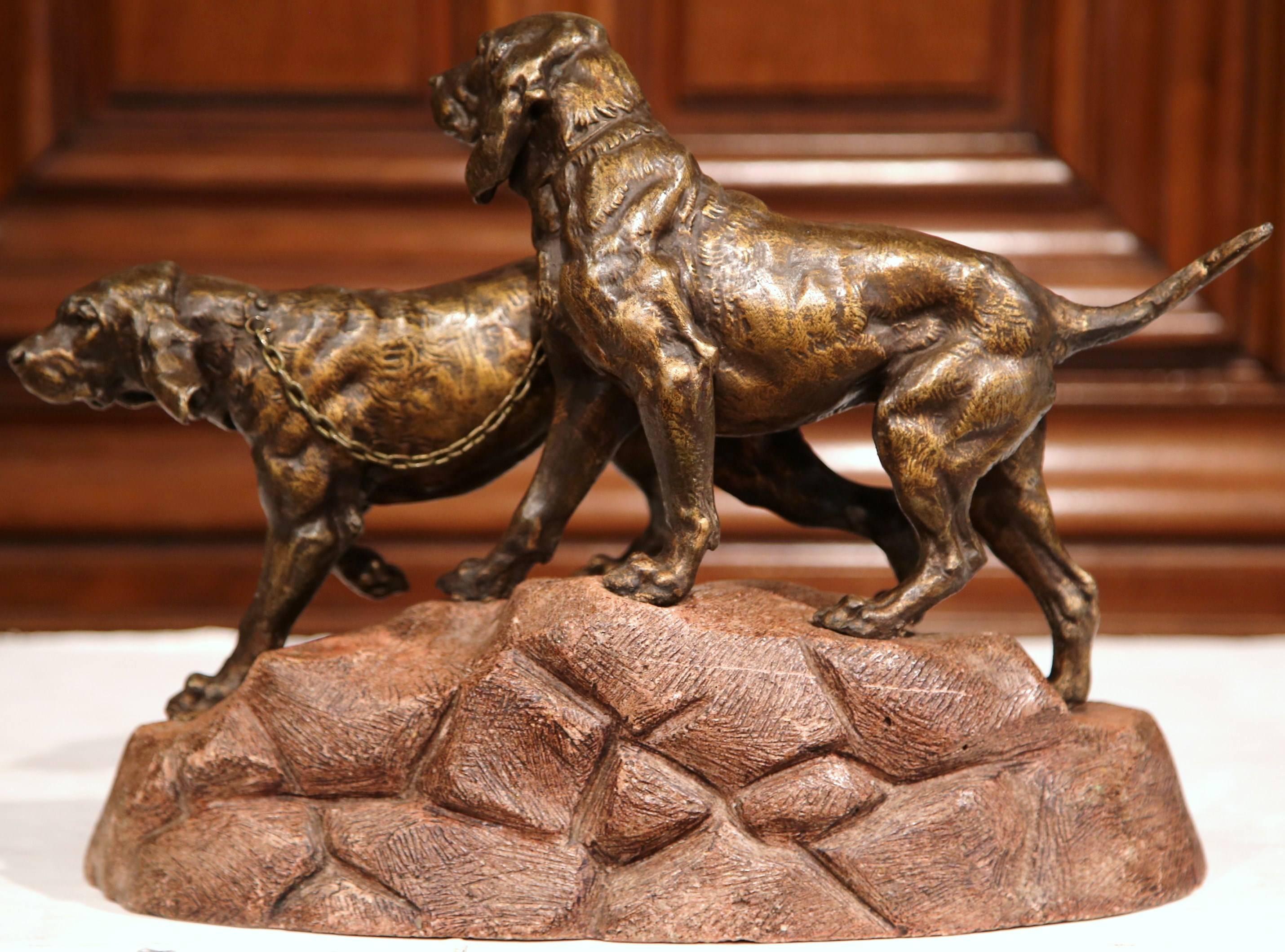 Hand-Crafted 19th Century French Patinated Spelter Hunt Dogs Sculpture on Terracotta Base For Sale