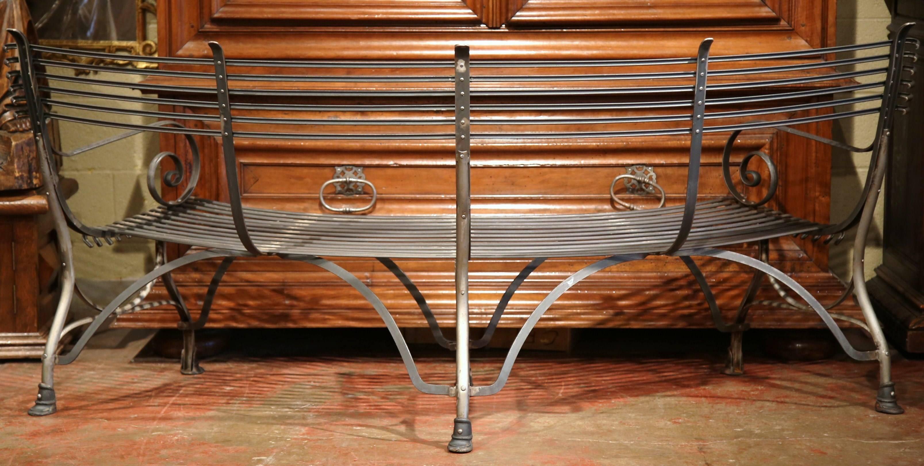 French Polished Iron Curved Bench with Hoof Feet Signed Sauveur Arras 5