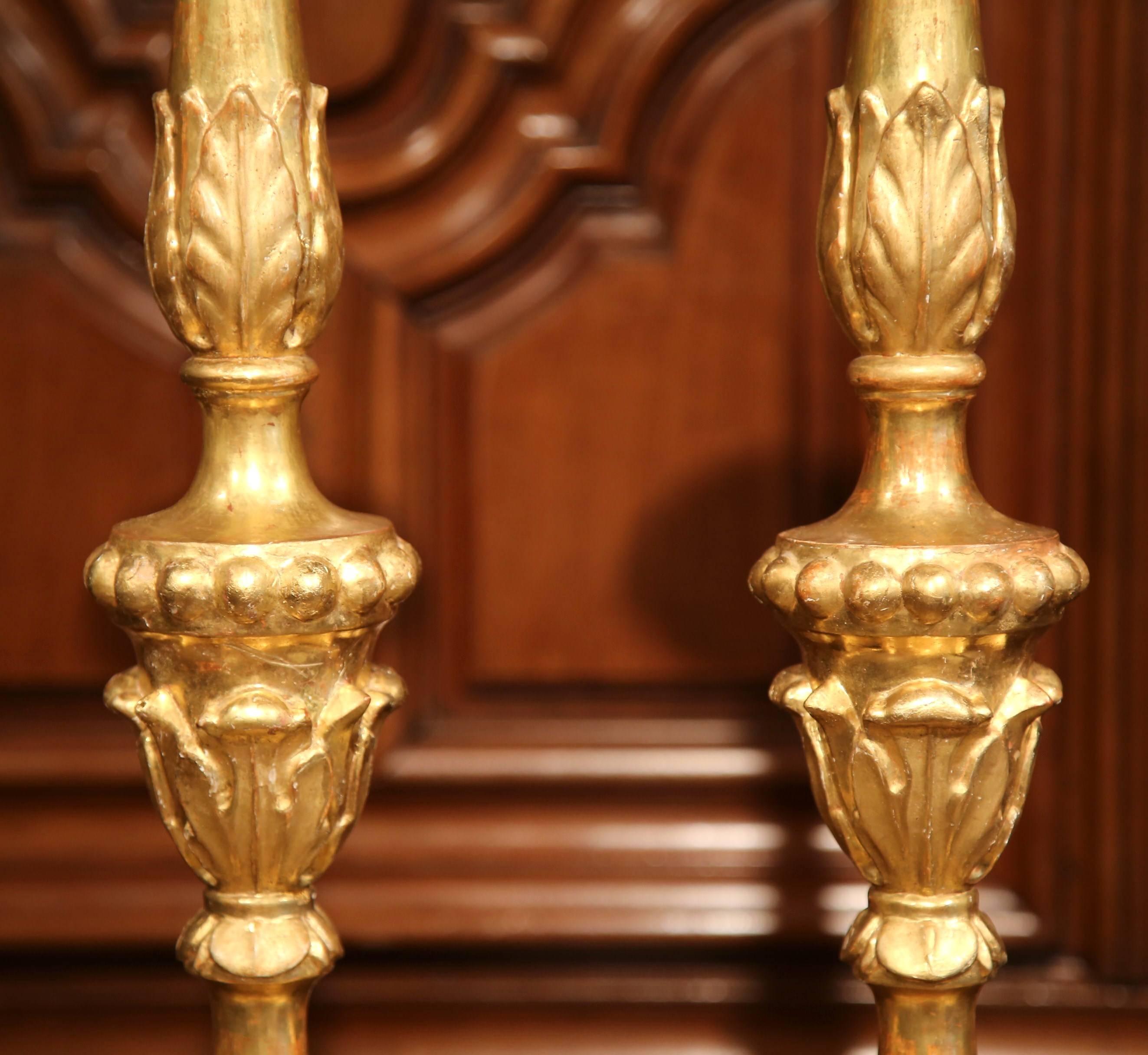 Hand-Carved Pair of 19th Century Italian Carved Gold Leaf Prickets Candlesticks