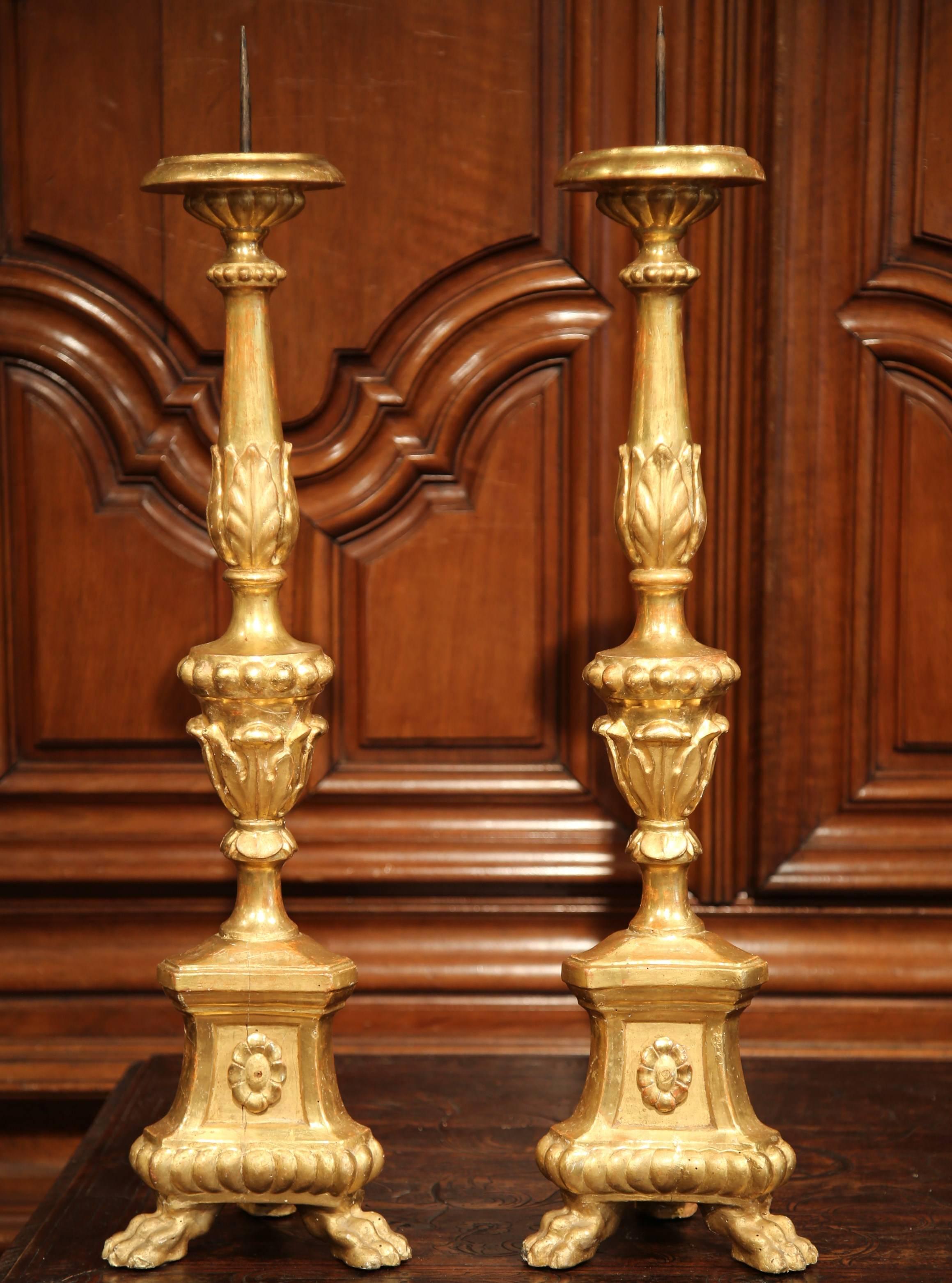 Giltwood Pair of 19th Century Italian Carved Gold Leaf Prickets Candlesticks