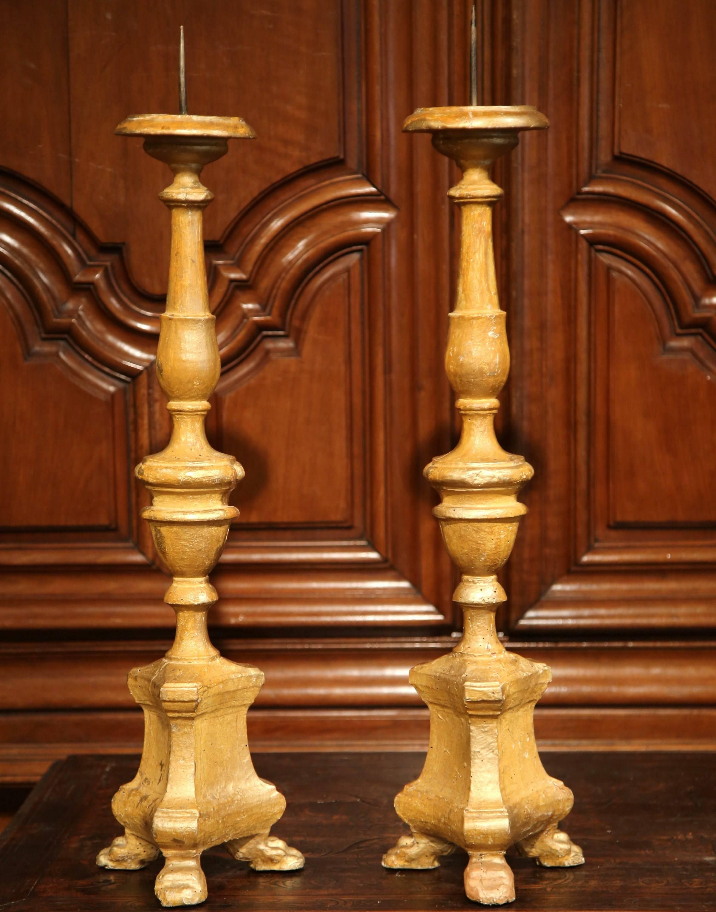 Pair of 19th Century Italian Carved Gold Leaf Prickets Candlesticks 1