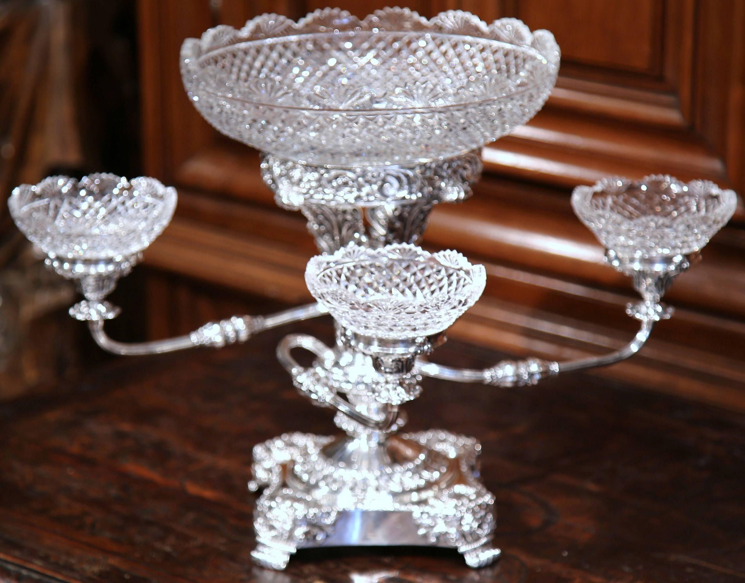 19th Century English Silver Plated Epergne Centrepiece with Five Cut-Glass Bowls 1