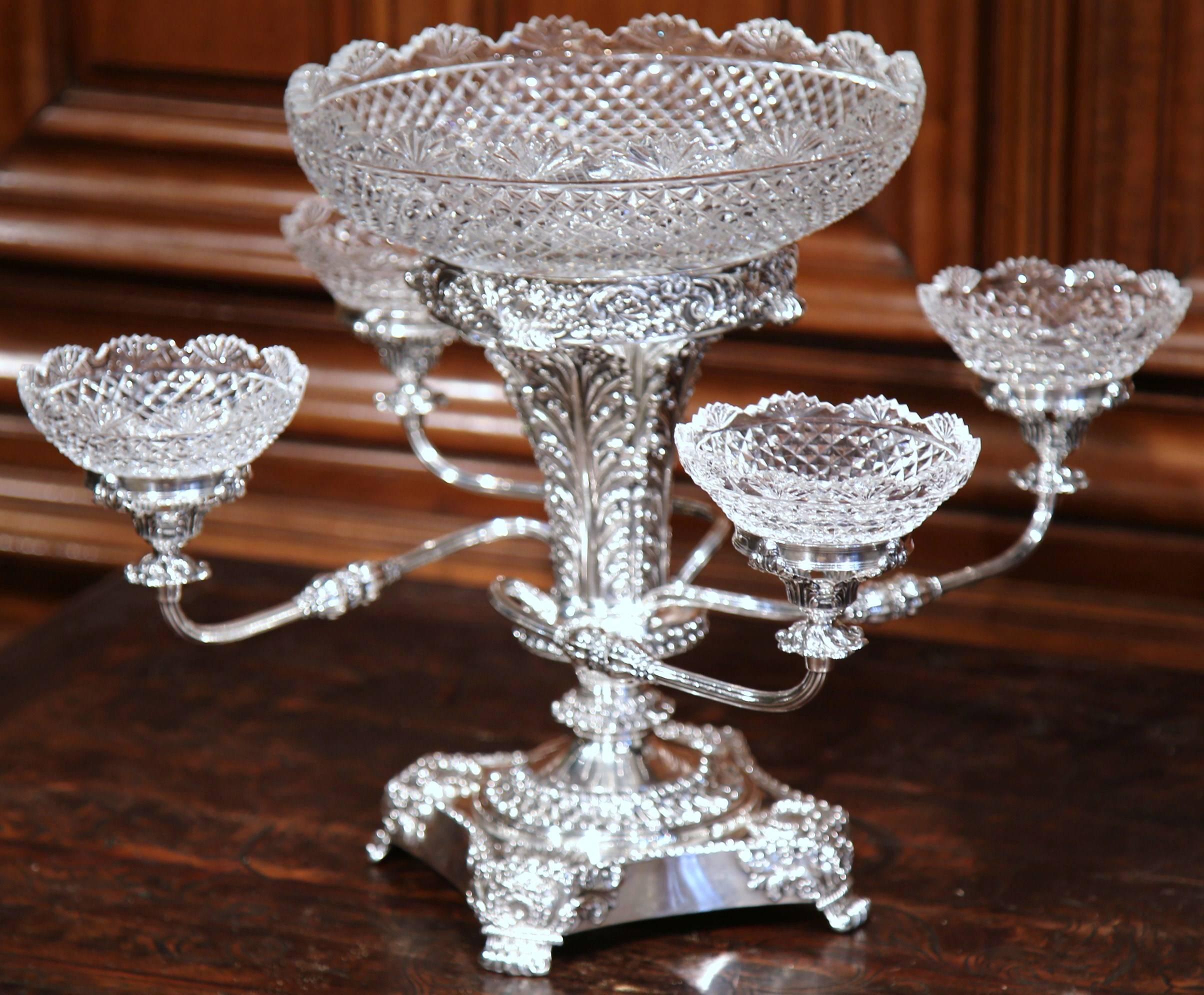 Hand-Crafted 19th Century English Silver Plated Epergne Centrepiece with Five Cut-Glass Bowls