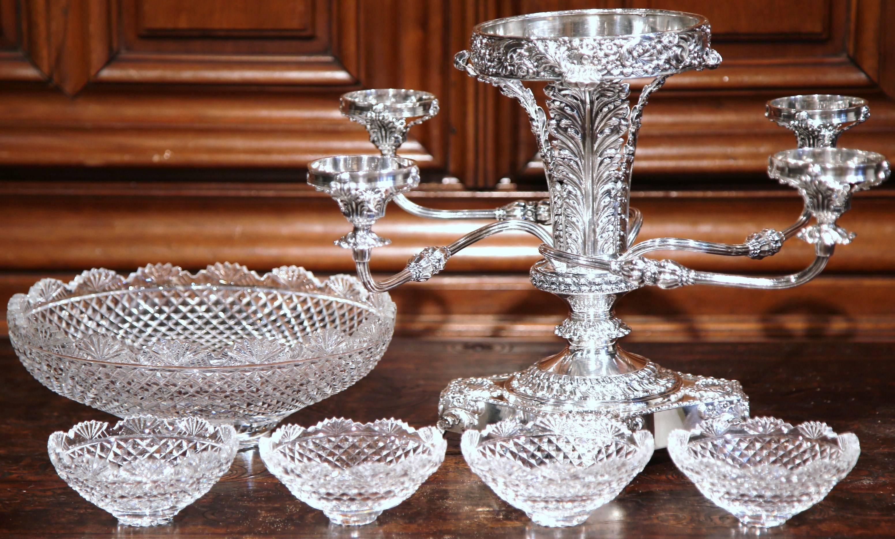 19th Century English Silver Plated Epergne Centrepiece with Five Cut-Glass Bowls 2
