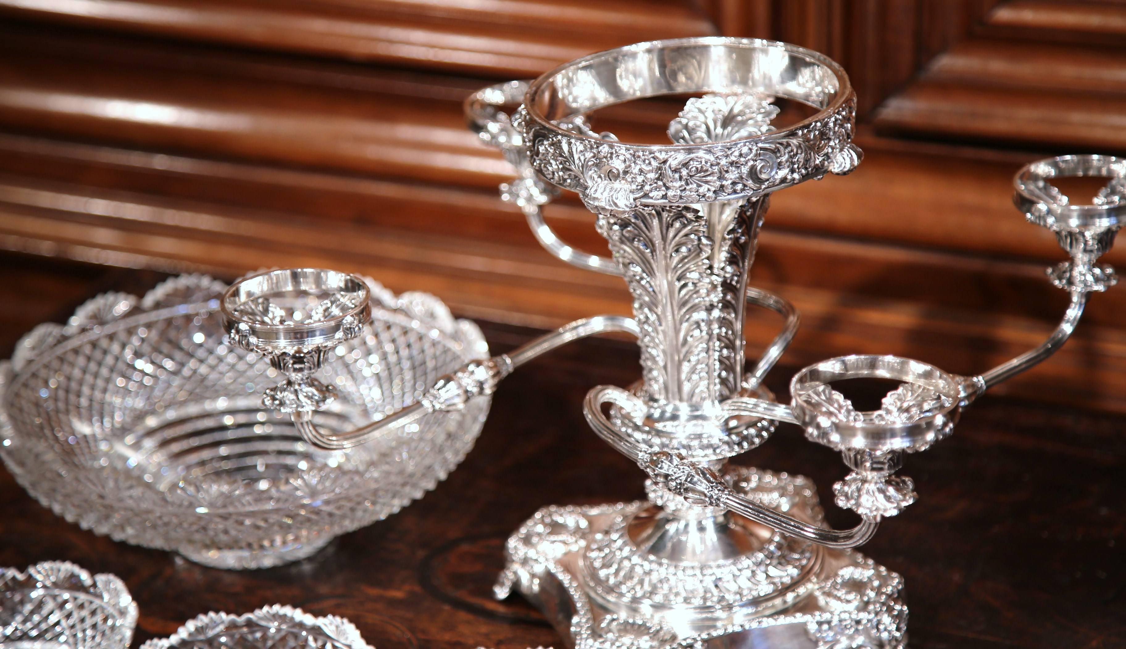 19th Century English Silver Plated Epergne Centrepiece with Five Cut-Glass Bowls 3