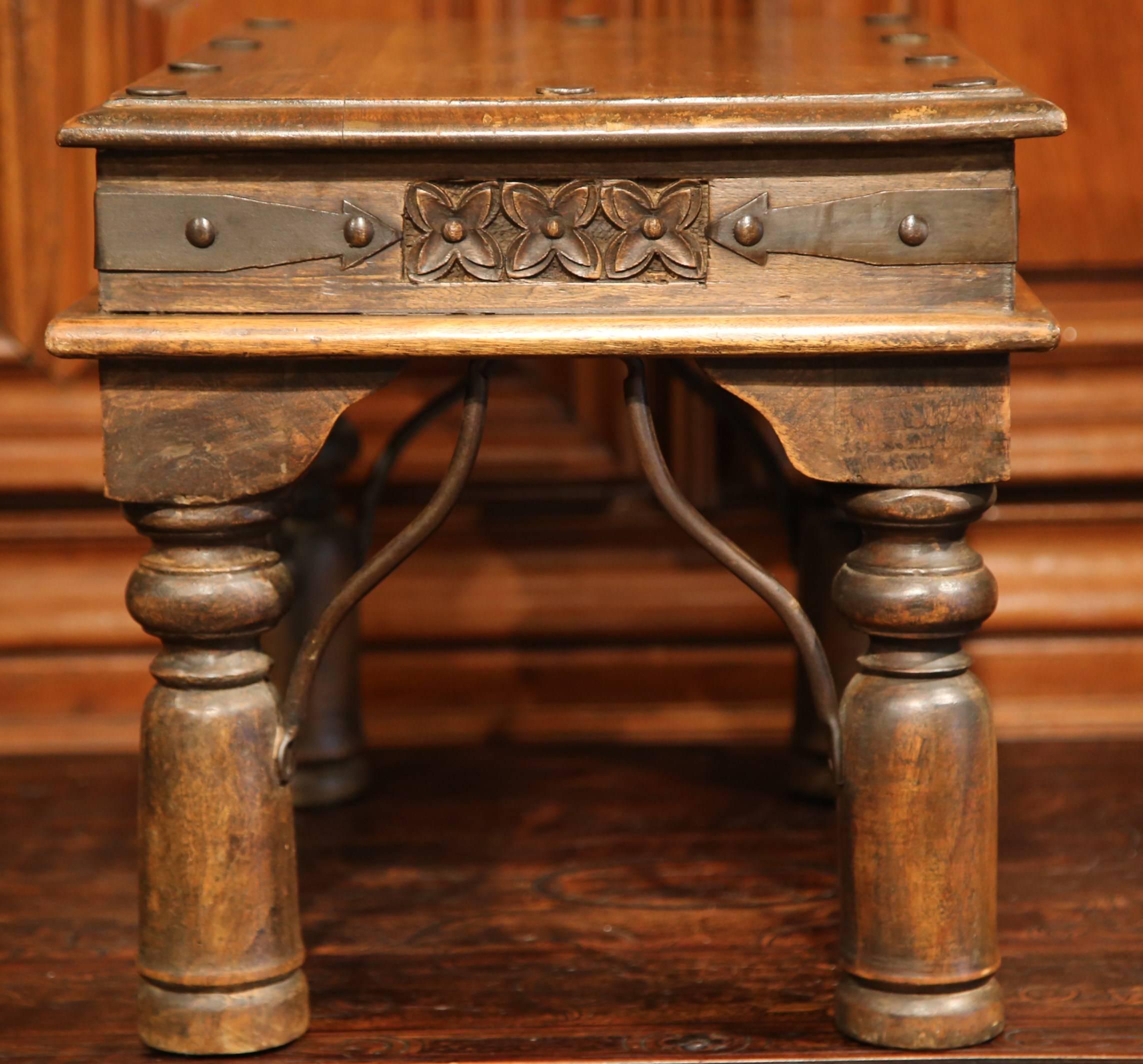 Small Mid-20th Century Spanish Carved Walnut Coffee Table with Iron Accents 1