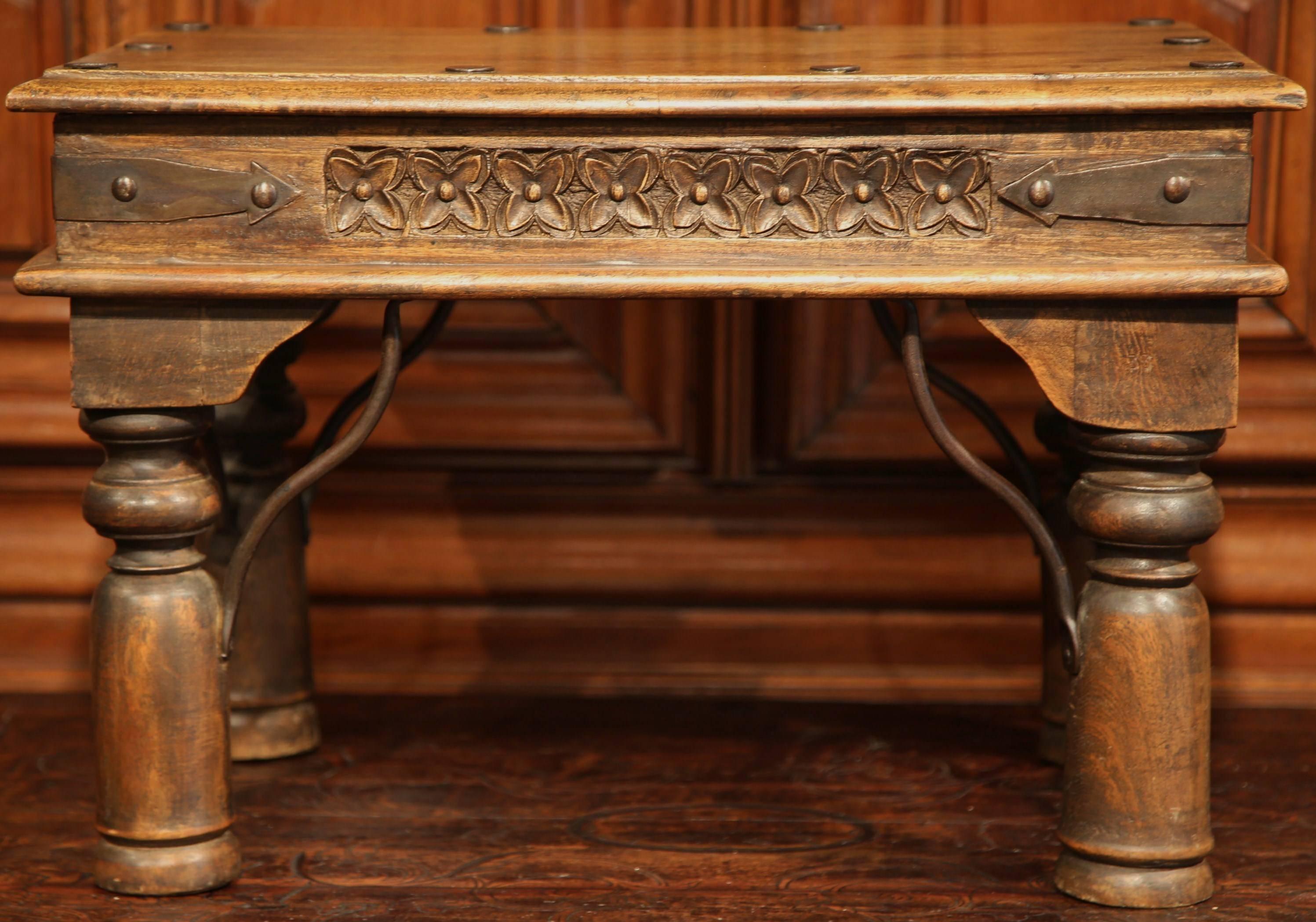 Hand-Carved Small Mid-20th Century Spanish Carved Walnut Coffee Table with Iron Accents