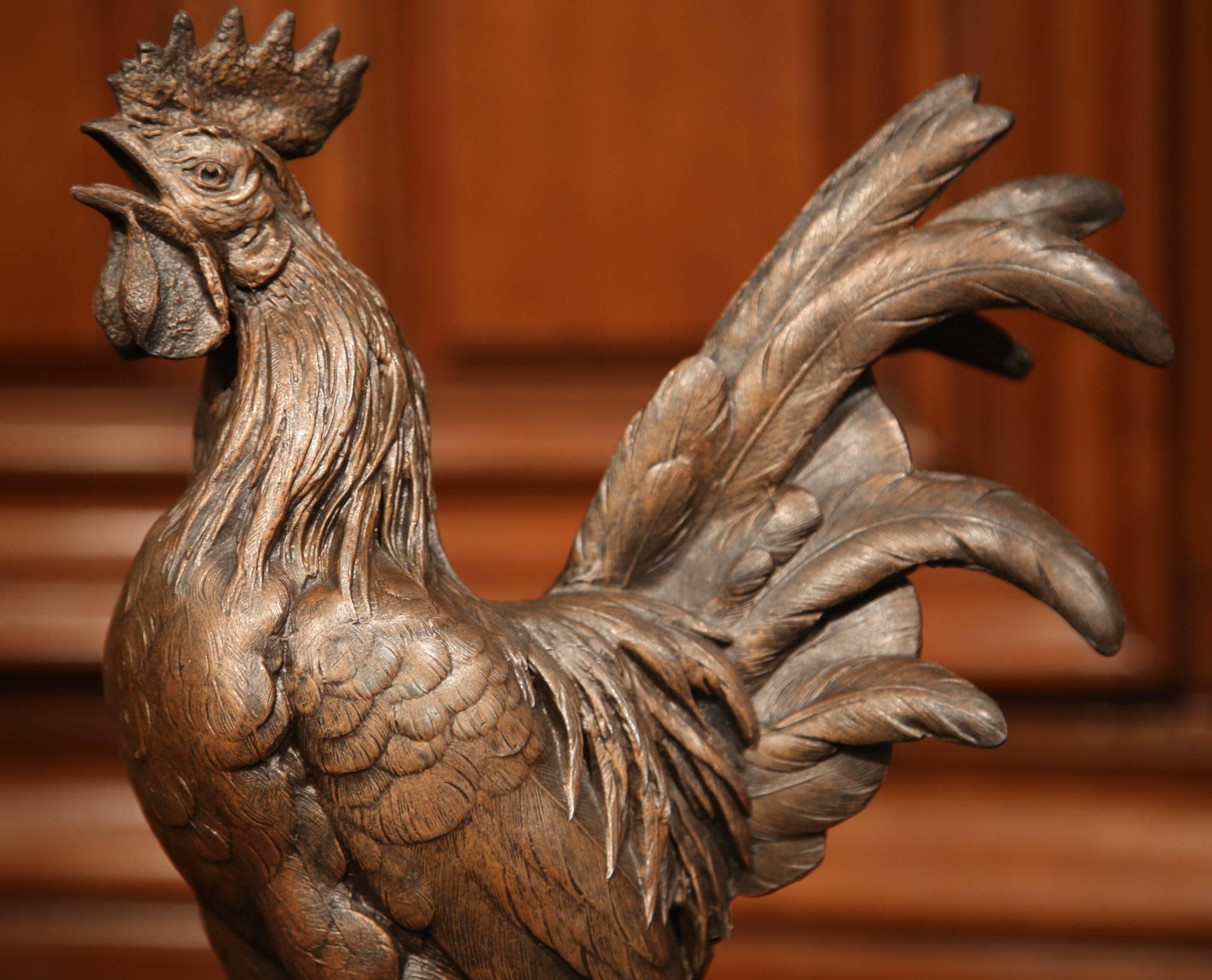 19th Century French Patinated Spelter Rooster Sculpture on Round Base 1