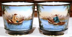 Pair of 19th Century French Hand-Painted Porcelain Cache-Pots with Fishermen